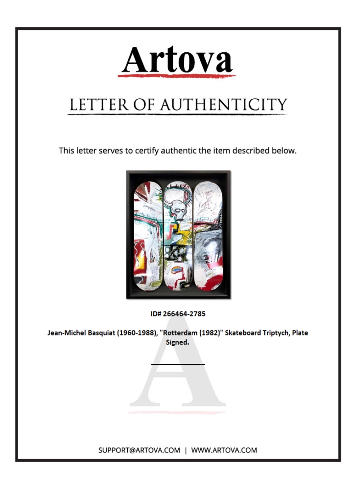 "Rotterdam (1982)" Custom Framed Skateboard Triptych by Jean-Michel Basquiat (Artova) at PristineAuction.com "Rotterdam (1982)" Custom Framed Skateboard Triptych by Jean-Michel Basquiat (Artova) at PristineAuction.com