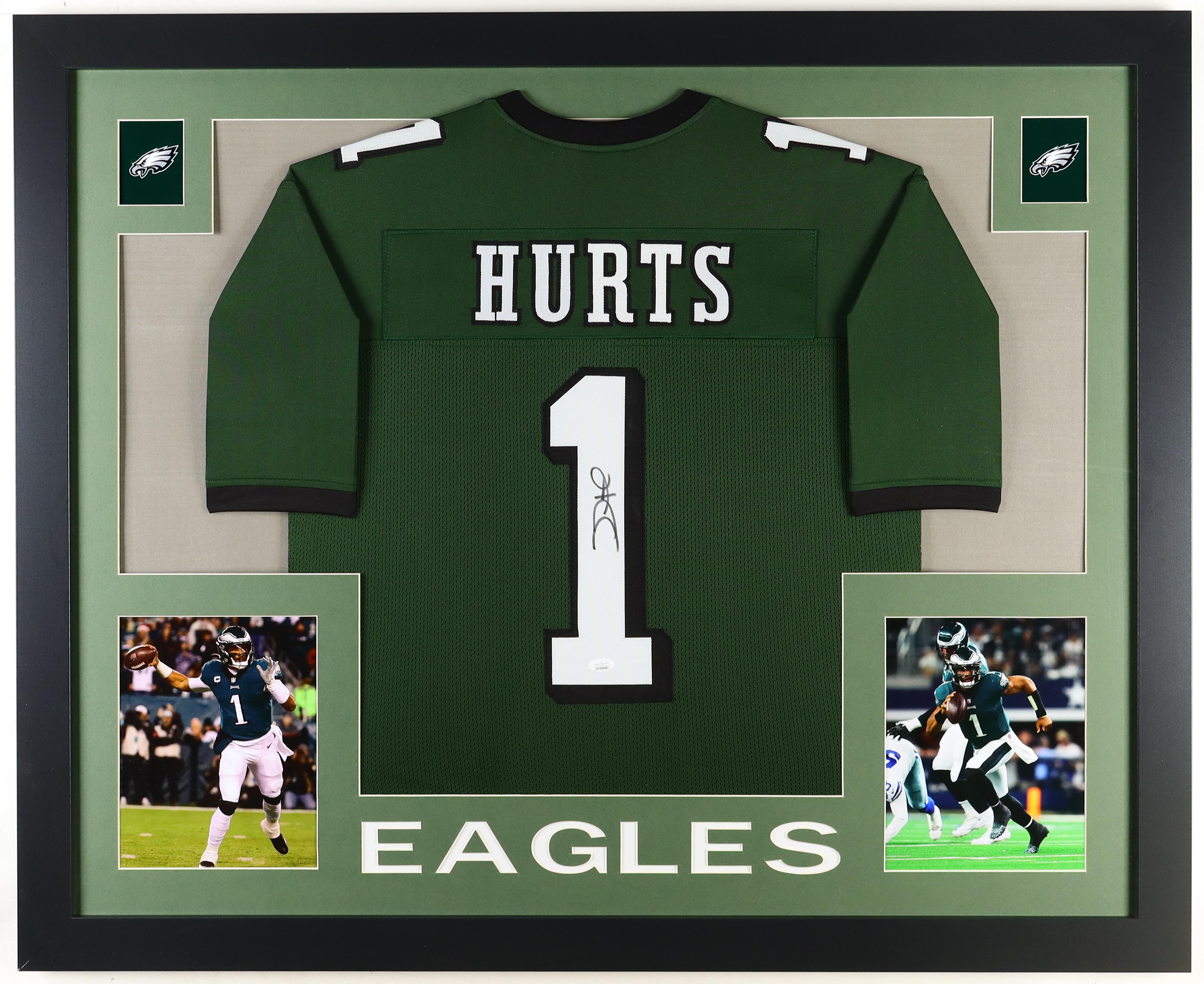Jalen Hurts Signed Custom Framed Jersey Display (JSA) at PristineAuction.com Jalen Hurts Signed Custom Framed Jersey Display (JSA) at PristineAuction.com