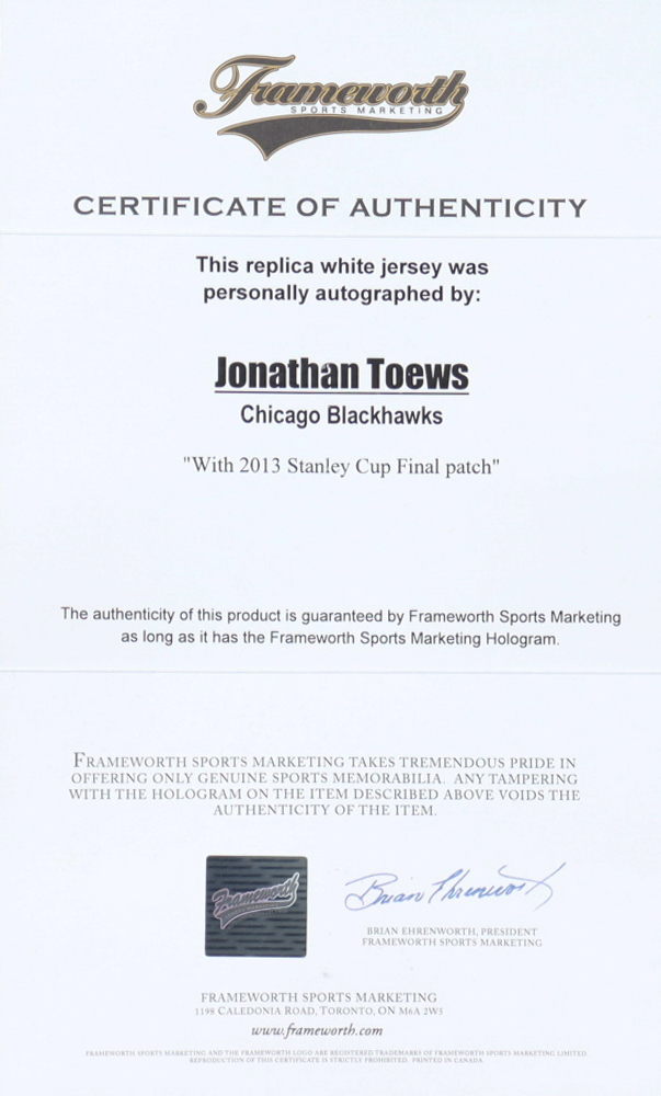 Jonathan Toews Signed Blackhawks Captain Jersey (Frameworth) at PristineAuction.com Jonathan Toews Signed Blackhawks Captain Jersey (Frameworth) at PristineAuction.com