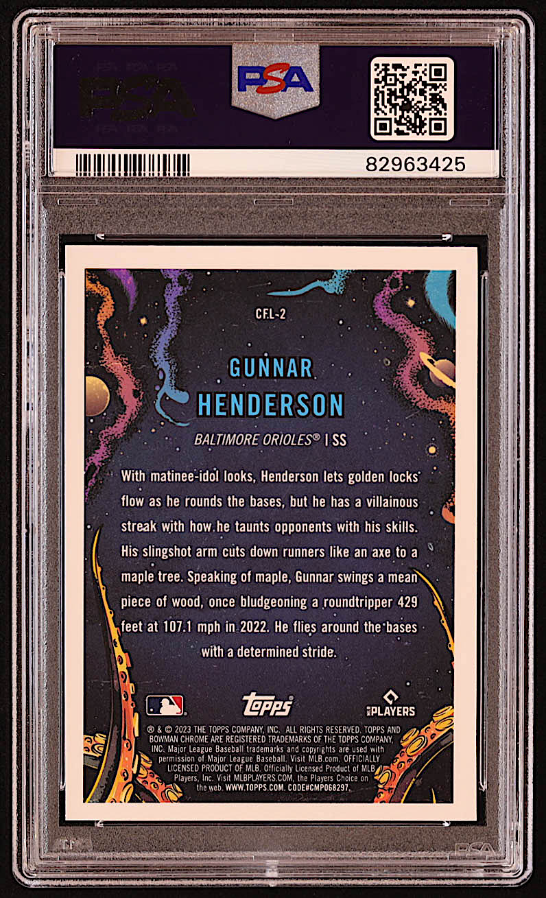 Gunnar Henderson 2023 Bowman Chrome It Came for the League #CFL2 RC (PSA 10) at PristineAuction.com Gunnar Henderson 2023 Bowman Chrome It Came for the League #CFL2 RC (PSA 10) at PristineAuction.com