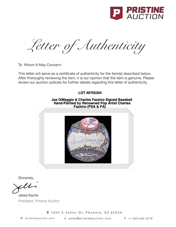 Joe DiMaggio Signed Baseball Hand-Painted by Renowned Pop Artist Charles Fazzino (PSA & PA) at PristineAuction.com Joe DiMaggio Signed Baseball Hand-Painted by Renowned Pop Artist Charles Fazzino (PSA & PA) at PristineAuction.com