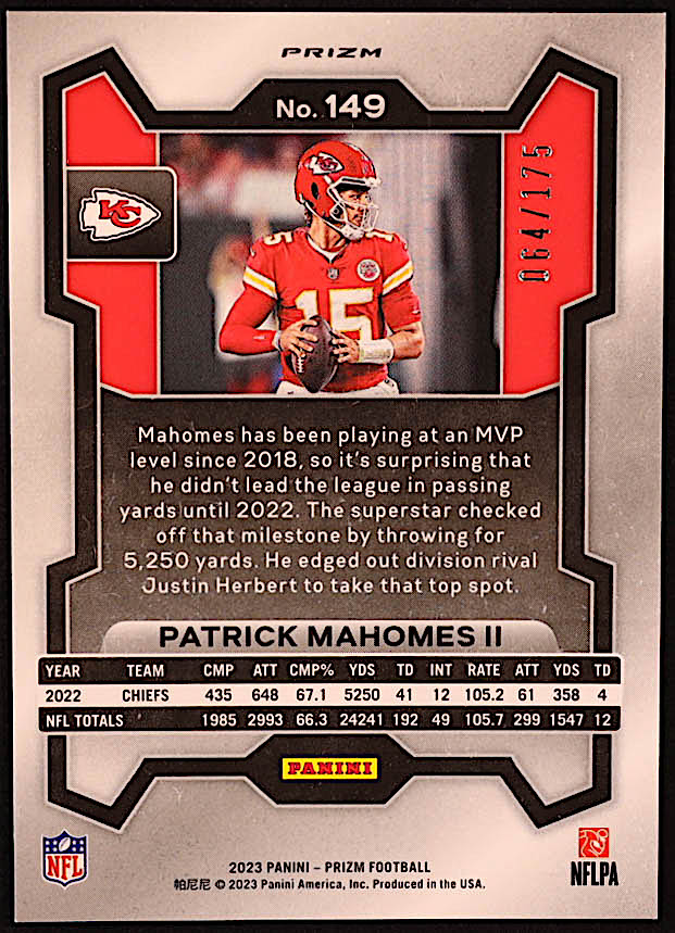 Patrick Mahomes II 2023 Panini Prizm Prizms Hyper #149 #064/175 at PristineAuction.com Patrick Mahomes II 2023 Panini Prizm Prizms Hyper #149 #064/175 at PristineAuction.com