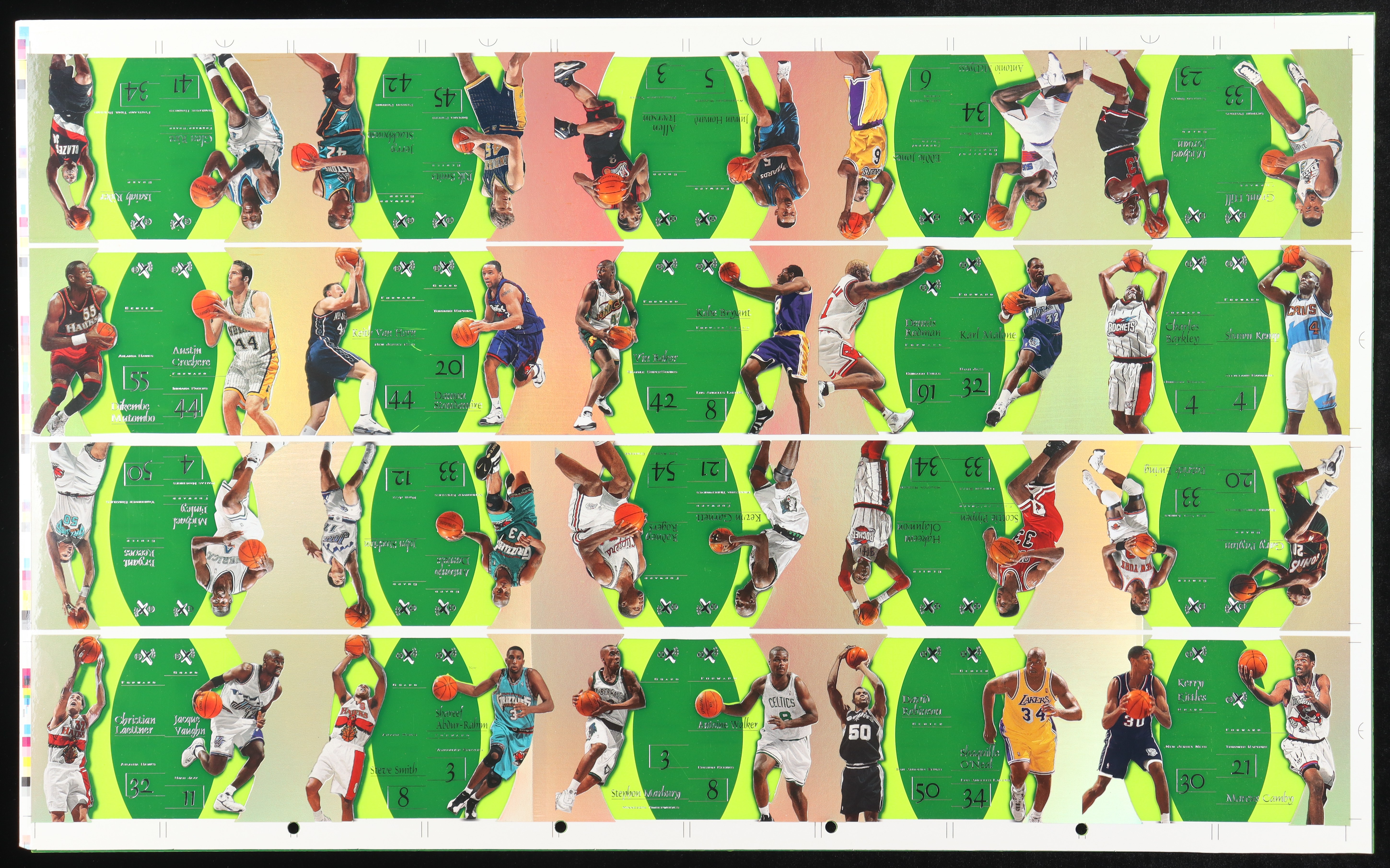 1997-98 SkyBox E-X2001 Essential Credentials Green Basketball Uncut Sheet Including Michael Jordan, Kobe Bryant, Shaquille O'Neal, David Robinson, Hakeem Olajuwon at PristineAuction.com 1997-98 SkyBox E-X2001 Essential Credentials Green Basketball Uncut Sheet Including Michael Jordan, Kobe Bryant, Shaquille O'Neal, David Robinson, Hakeem Olajuwon at PristineAuction.com