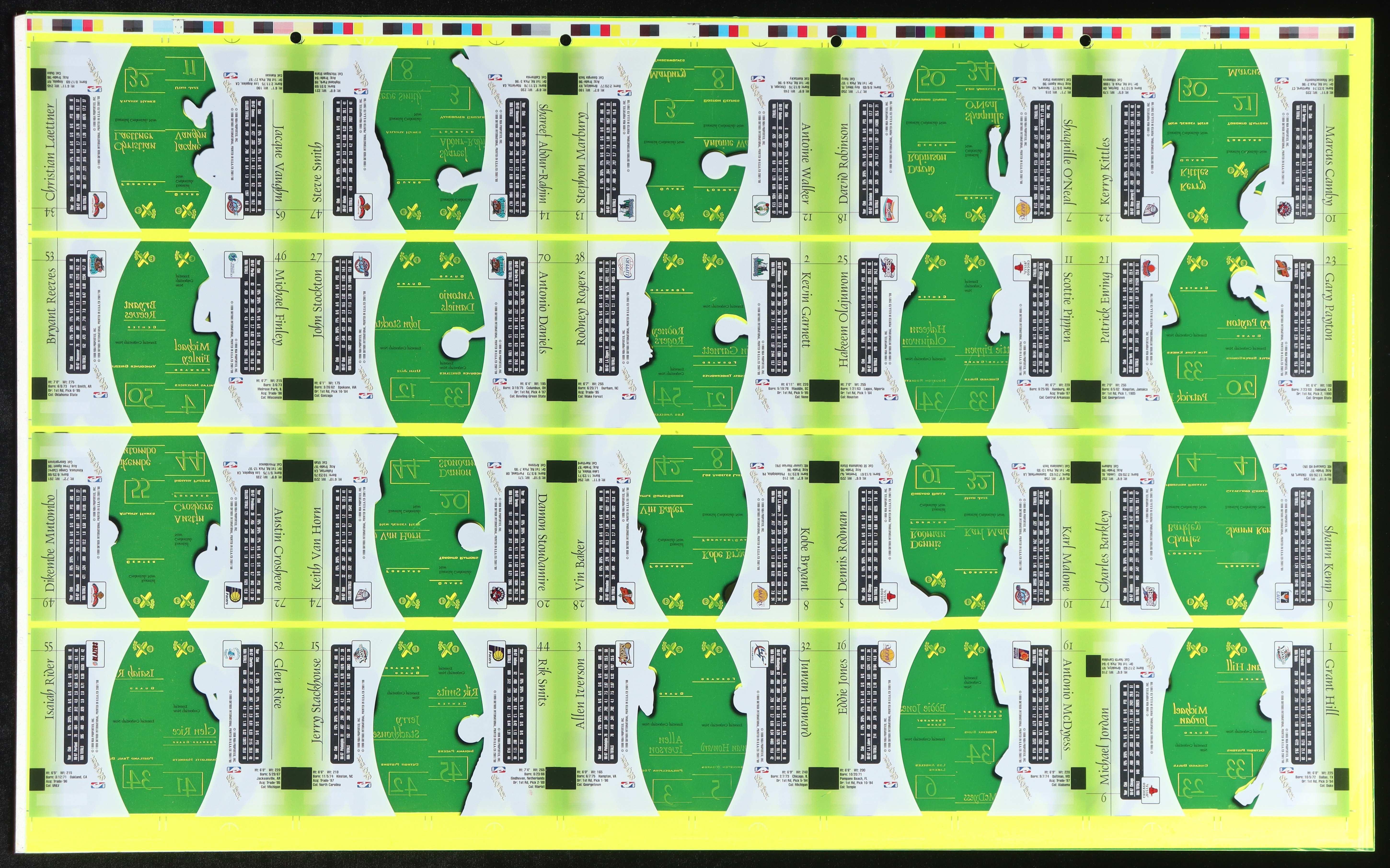 1997-98 SkyBox E-X2001 Essential Credentials Green Basketball Uncut Sheet Including Michael Jordan, Kobe Bryant, Shaquille O'Neal, David Robinson, Hakeem Olajuwon at PristineAuction.com 1997-98 SkyBox E-X2001 Essential Credentials Green Basketball Uncut Sheet Including Michael Jordan, Kobe Bryant, Shaquille O'Neal, David Robinson, Hakeem Olajuwon at PristineAuction.com