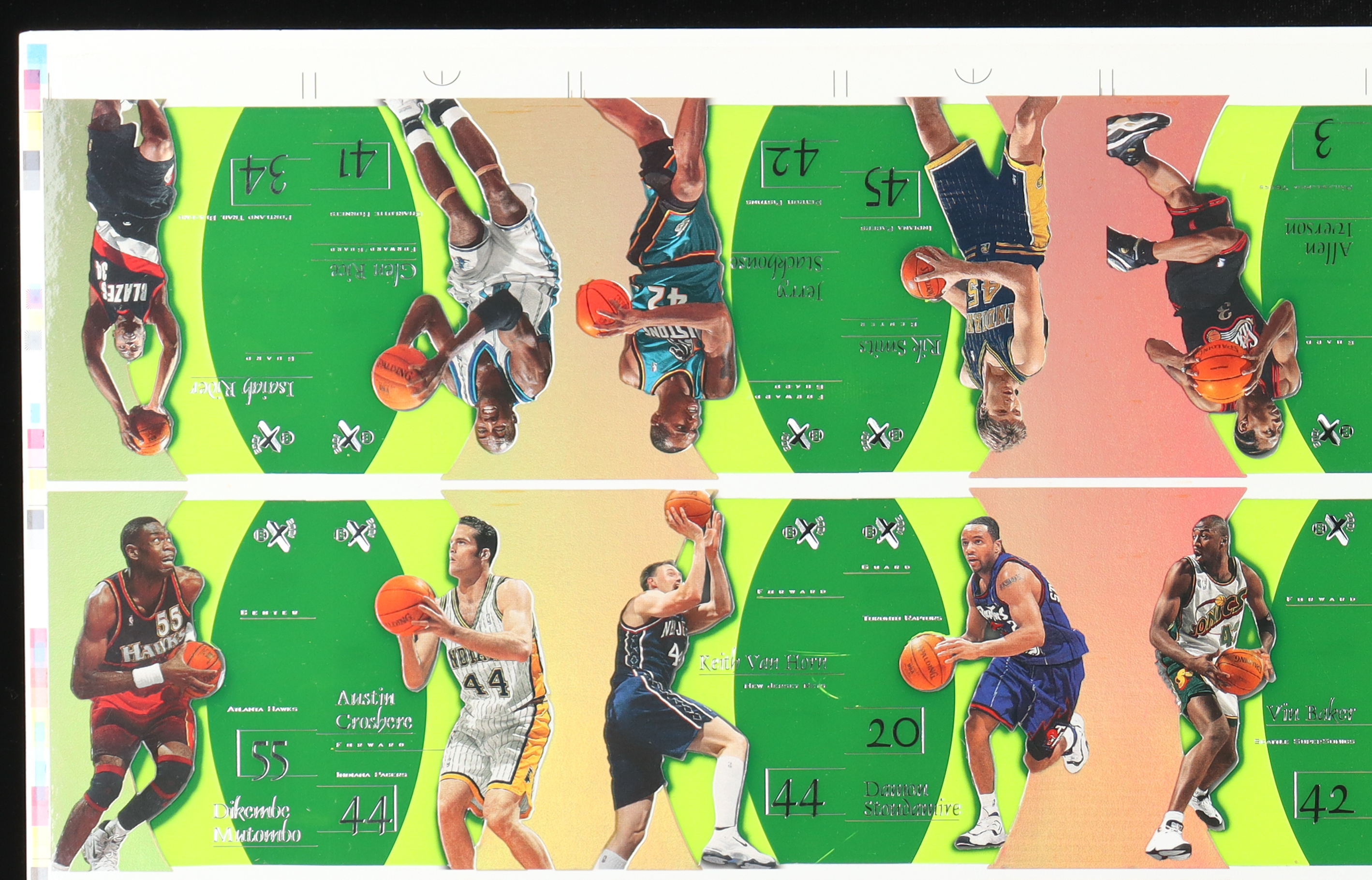 1997-98 SkyBox E-X2001 Essential Credentials Green Basketball Uncut Sheet Including Michael Jordan, Kobe Bryant, Shaquille O'Neal, David Robinson, Hakeem Olajuwon at PristineAuction.com 1997-98 SkyBox E-X2001 Essential Credentials Green Basketball Uncut Sheet Including Michael Jordan, Kobe Bryant, Shaquille O'Neal, David Robinson, Hakeem Olajuwon at PristineAuction.com