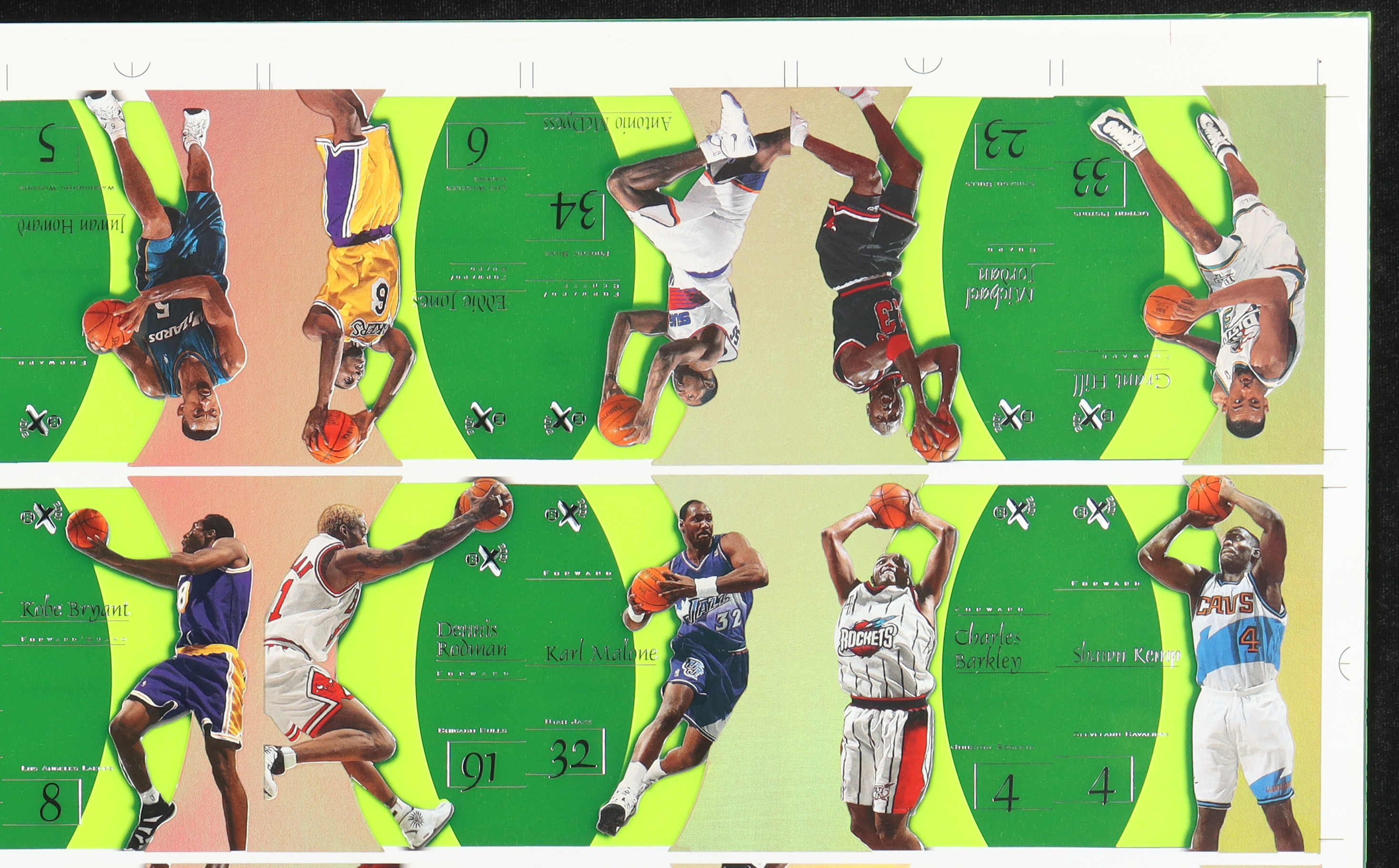 1997-98 SkyBox E-X2001 Essential Credentials Green Basketball Uncut Sheet Including Michael Jordan, Kobe Bryant, Shaquille O'Neal, David Robinson, Hakeem Olajuwon at PristineAuction.com 1997-98 SkyBox E-X2001 Essential Credentials Green Basketball Uncut Sheet Including Michael Jordan, Kobe Bryant, Shaquille O'Neal, David Robinson, Hakeem Olajuwon at PristineAuction.com