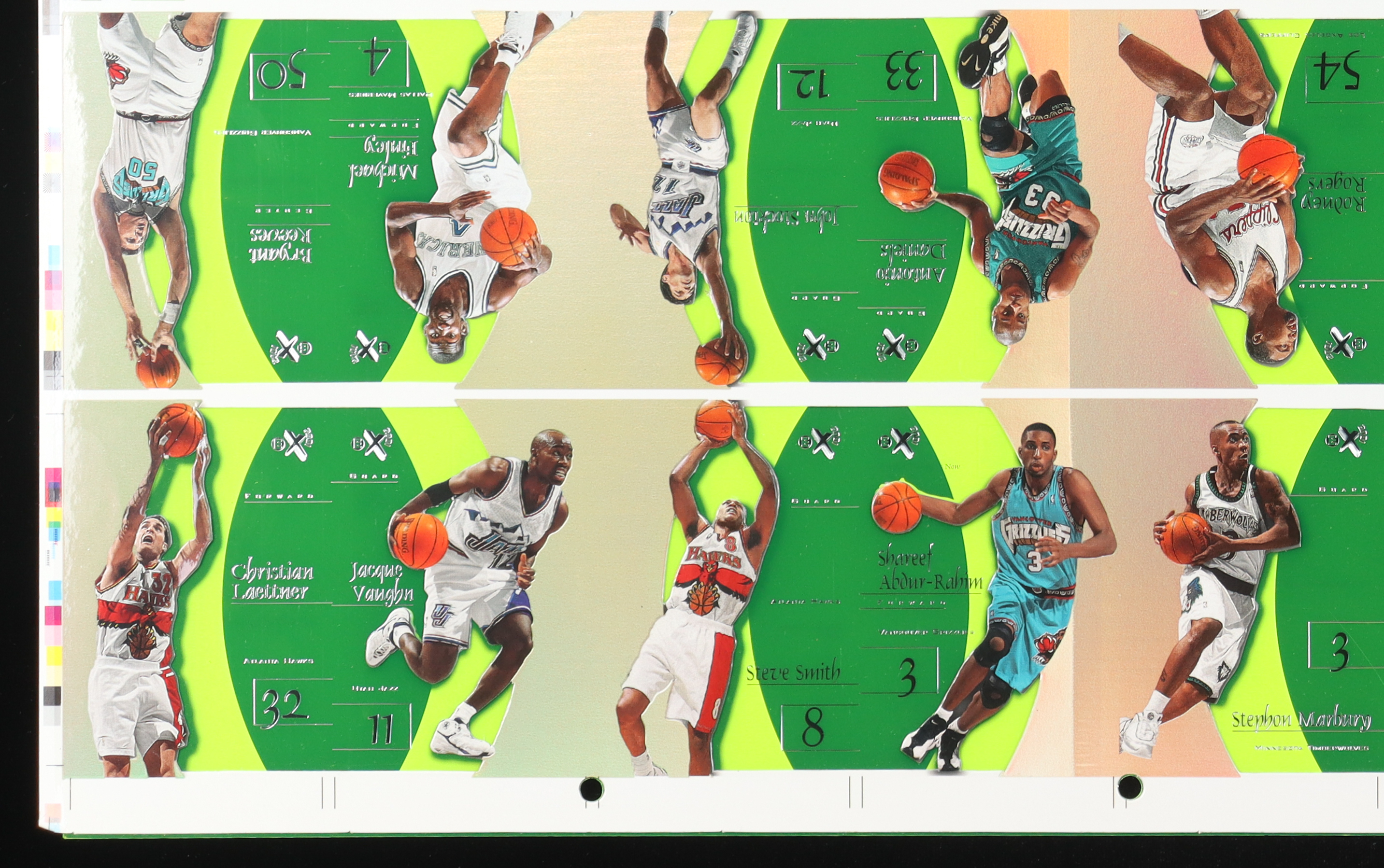 1997-98 SkyBox E-X2001 Essential Credentials Green Basketball Uncut Sheet Including Michael Jordan, Kobe Bryant, Shaquille O'Neal, David Robinson, Hakeem Olajuwon at PristineAuction.com 1997-98 SkyBox E-X2001 Essential Credentials Green Basketball Uncut Sheet Including Michael Jordan, Kobe Bryant, Shaquille O'Neal, David Robinson, Hakeem Olajuwon at PristineAuction.com