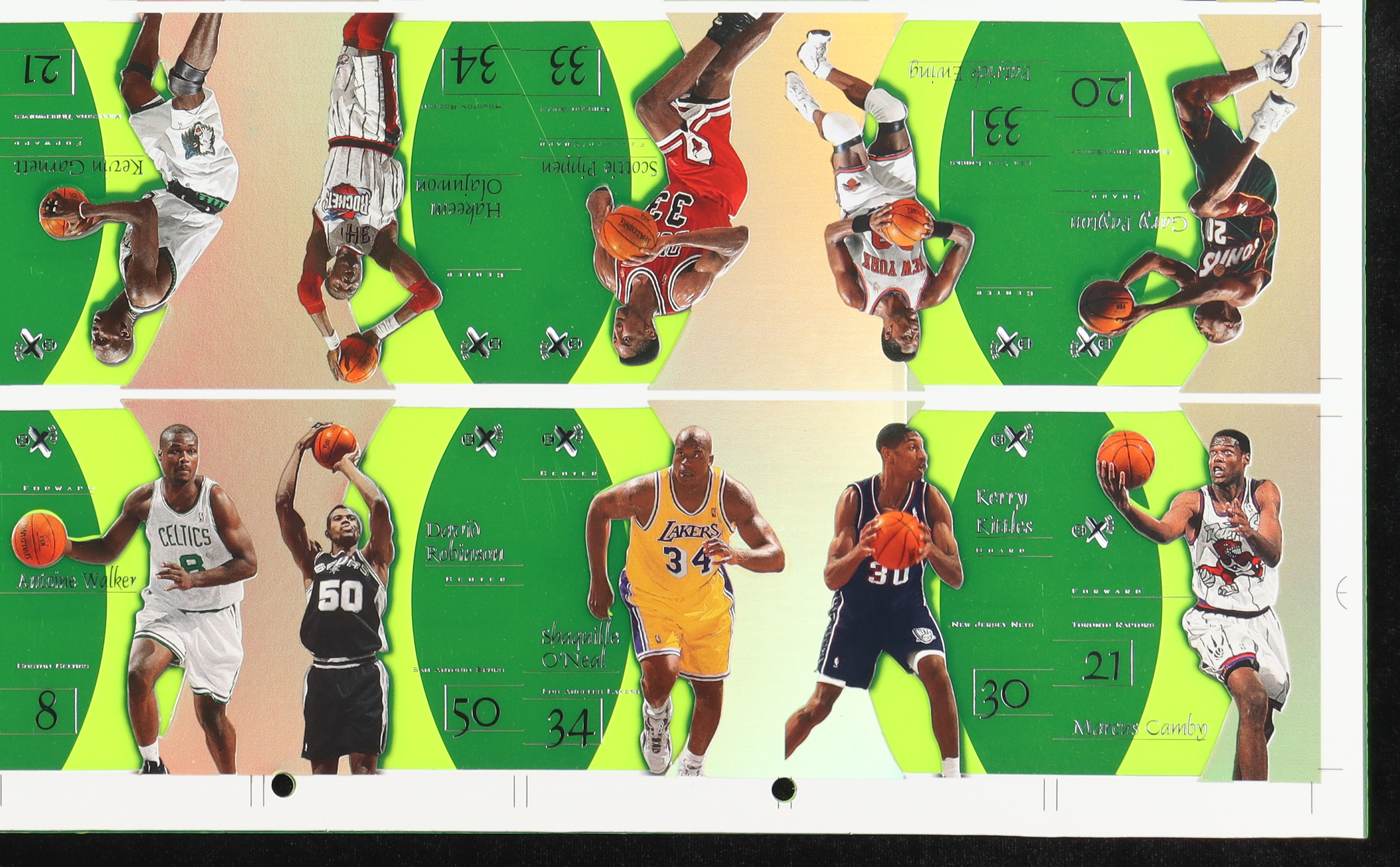 1997-98 SkyBox E-X2001 Essential Credentials Green Basketball Uncut Sheet Including Michael Jordan, Kobe Bryant, Shaquille O'Neal, David Robinson, Hakeem Olajuwon at PristineAuction.com 1997-98 SkyBox E-X2001 Essential Credentials Green Basketball Uncut Sheet Including Michael Jordan, Kobe Bryant, Shaquille O'Neal, David Robinson, Hakeem Olajuwon at PristineAuction.com