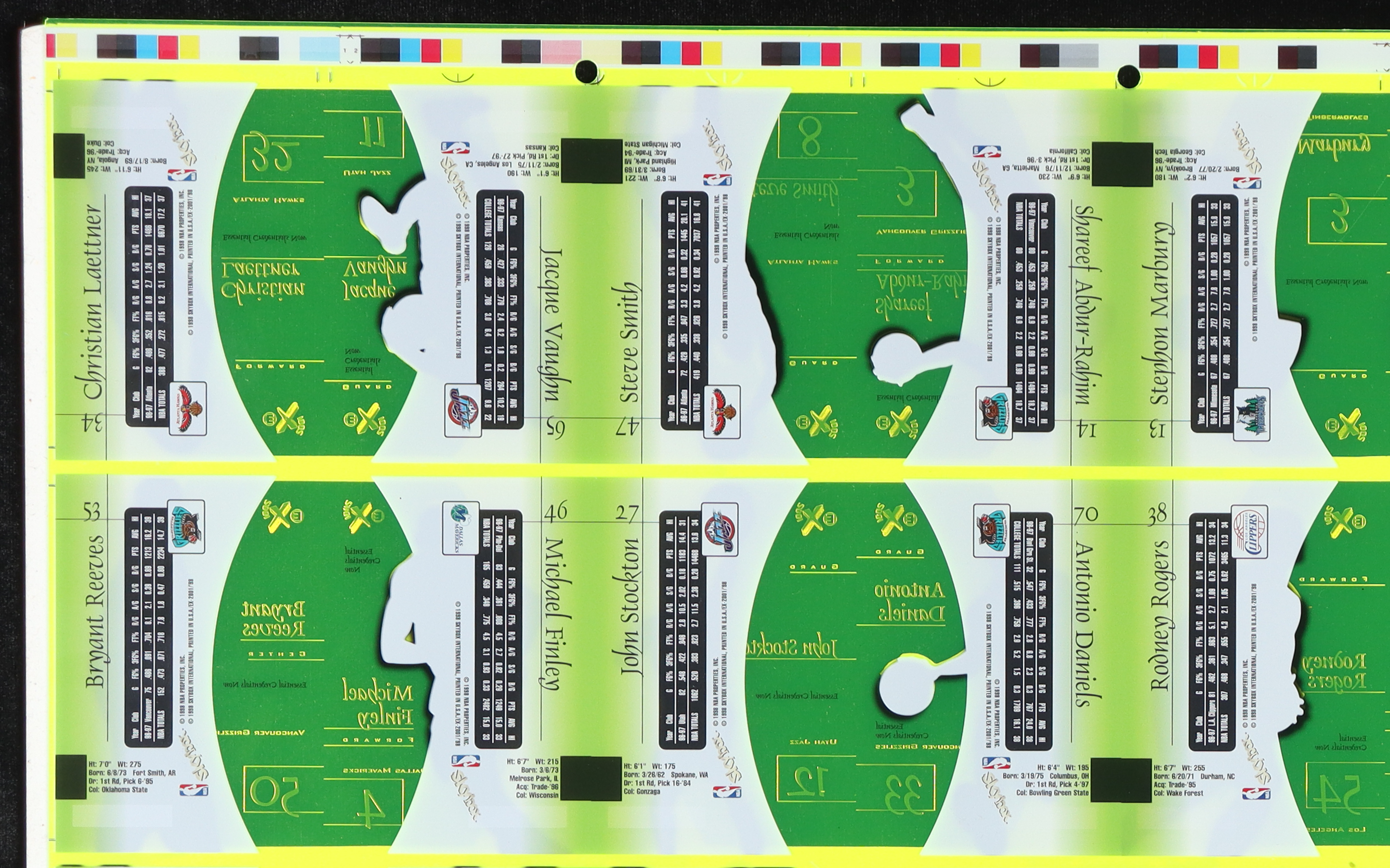 1997-98 SkyBox E-X2001 Essential Credentials Green Basketball Uncut Sheet Including Michael Jordan, Kobe Bryant, Shaquille O'Neal, David Robinson, Hakeem Olajuwon at PristineAuction.com 1997-98 SkyBox E-X2001 Essential Credentials Green Basketball Uncut Sheet Including Michael Jordan, Kobe Bryant, Shaquille O'Neal, David Robinson, Hakeem Olajuwon at PristineAuction.com