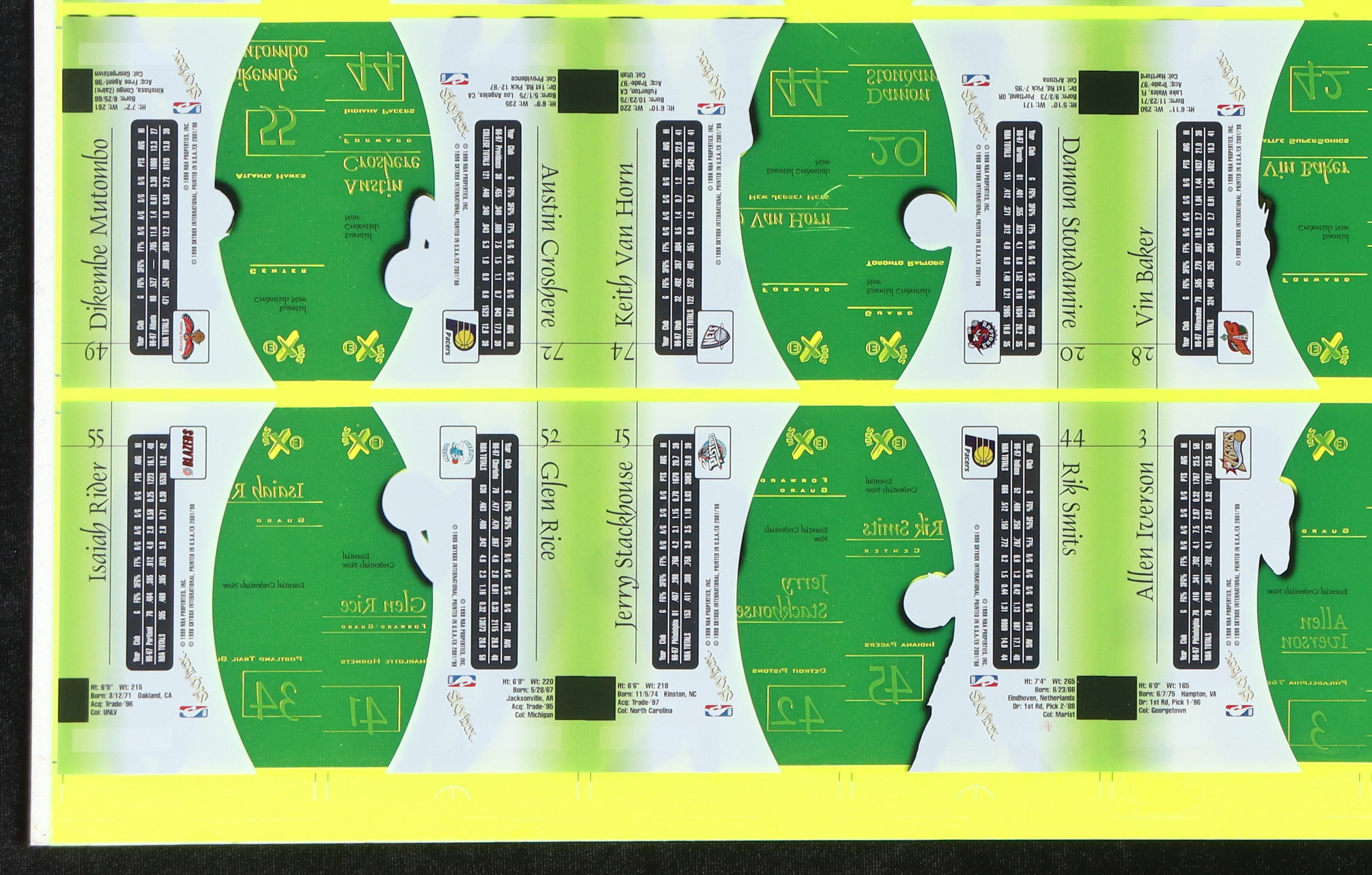 1997-98 SkyBox E-X2001 Essential Credentials Green Basketball Uncut Sheet Including Michael Jordan, Kobe Bryant, Shaquille O'Neal, David Robinson, Hakeem Olajuwon at PristineAuction.com 1997-98 SkyBox E-X2001 Essential Credentials Green Basketball Uncut Sheet Including Michael Jordan, Kobe Bryant, Shaquille O'Neal, David Robinson, Hakeem Olajuwon at PristineAuction.com