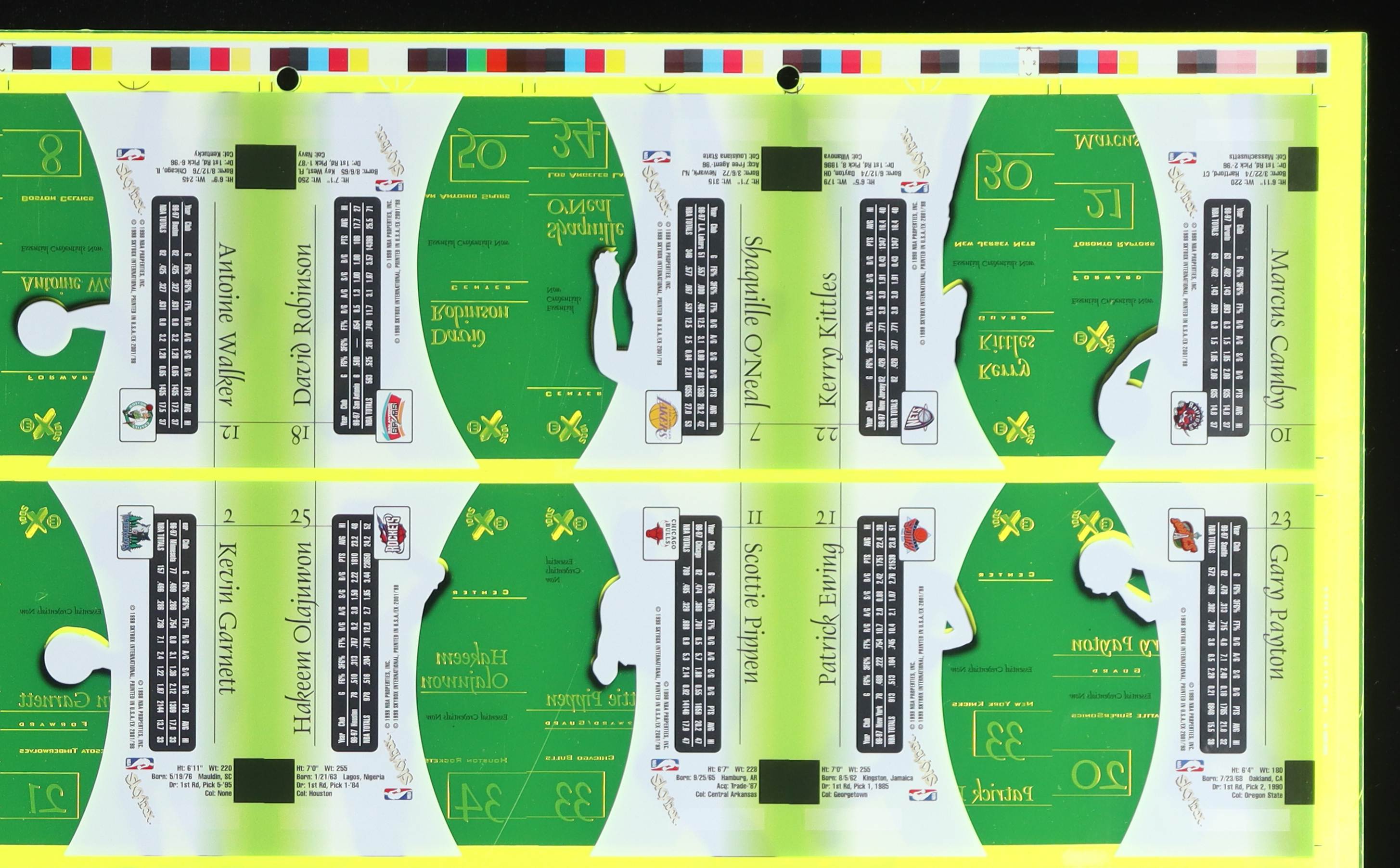 1997-98 SkyBox E-X2001 Essential Credentials Green Basketball Uncut Sheet Including Michael Jordan, Kobe Bryant, Shaquille O'Neal, David Robinson, Hakeem Olajuwon at PristineAuction.com 1997-98 SkyBox E-X2001 Essential Credentials Green Basketball Uncut Sheet Including Michael Jordan, Kobe Bryant, Shaquille O'Neal, David Robinson, Hakeem Olajuwon at PristineAuction.com