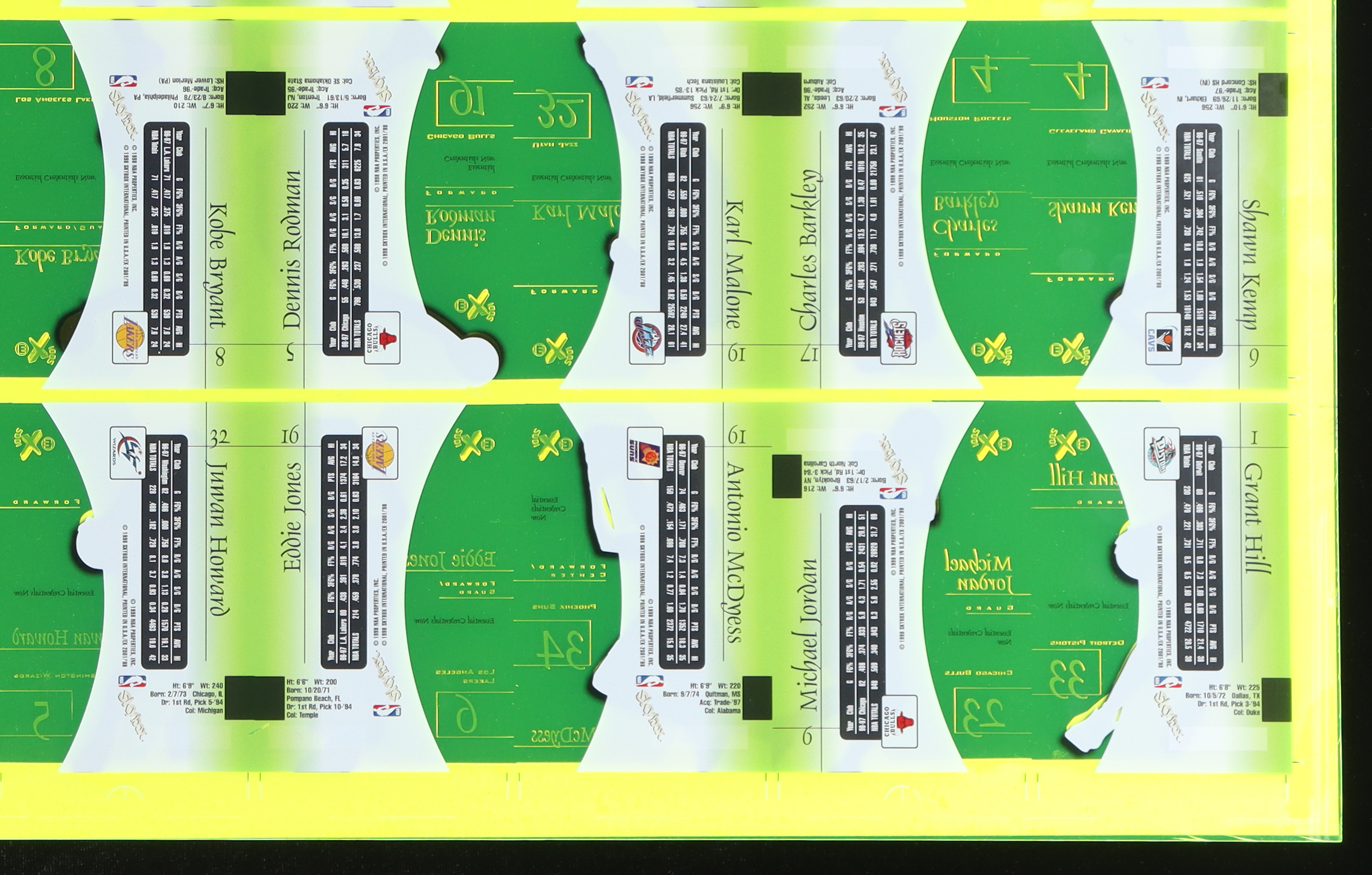 1997-98 SkyBox E-X2001 Essential Credentials Green Basketball Uncut Sheet Including Michael Jordan, Kobe Bryant, Shaquille O'Neal, David Robinson, Hakeem Olajuwon at PristineAuction.com 1997-98 SkyBox E-X2001 Essential Credentials Green Basketball Uncut Sheet Including Michael Jordan, Kobe Bryant, Shaquille O'Neal, David Robinson, Hakeem Olajuwon at PristineAuction.com