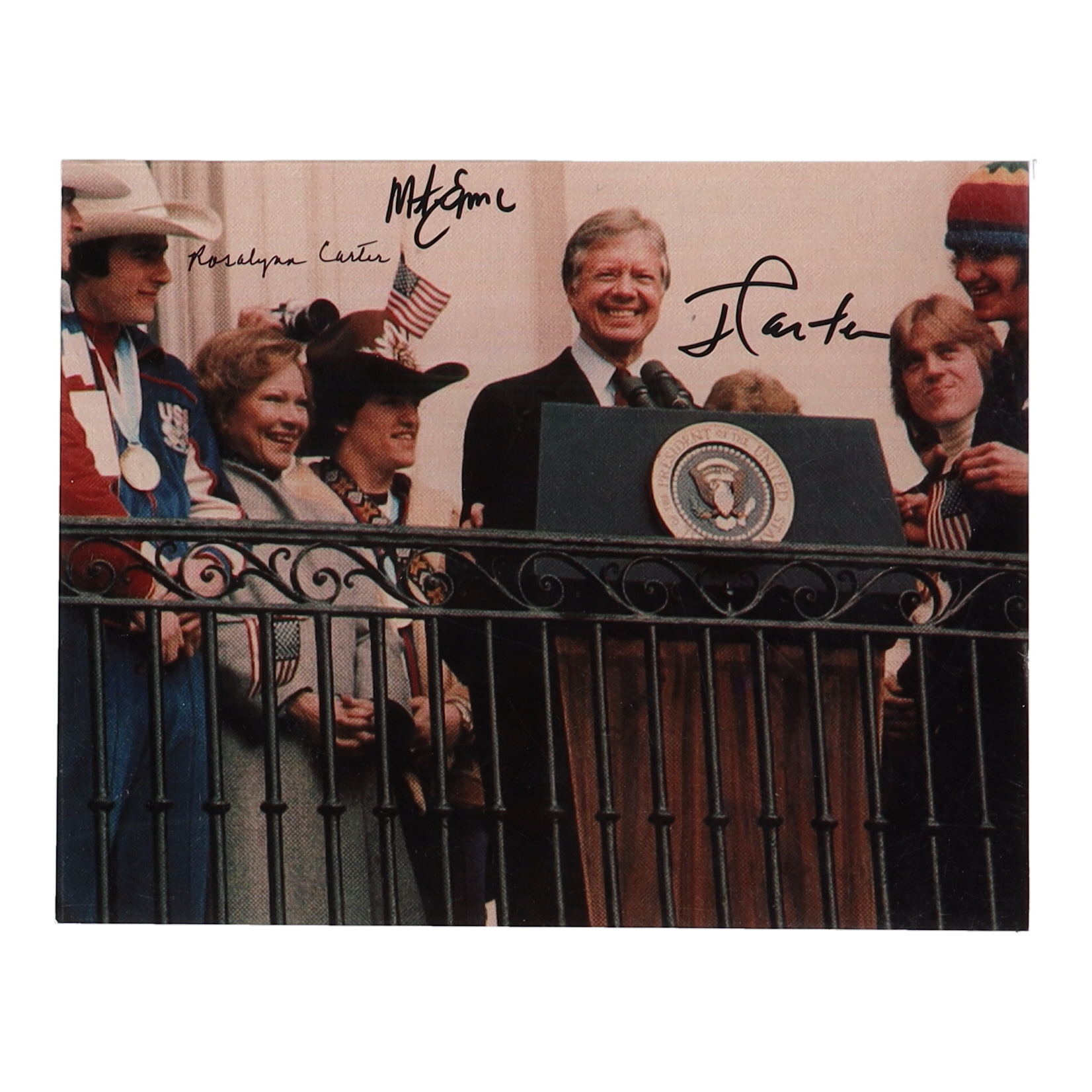 Jimmy Carter, Rosalynn Carter, & Mike Eruzione Signed 8x10 Photo (JSA) at PristineAuction.com Jimmy Carter, Rosalynn Carter, & Mike Eruzione Signed 8x10 Photo (JSA) at PristineAuction.com
