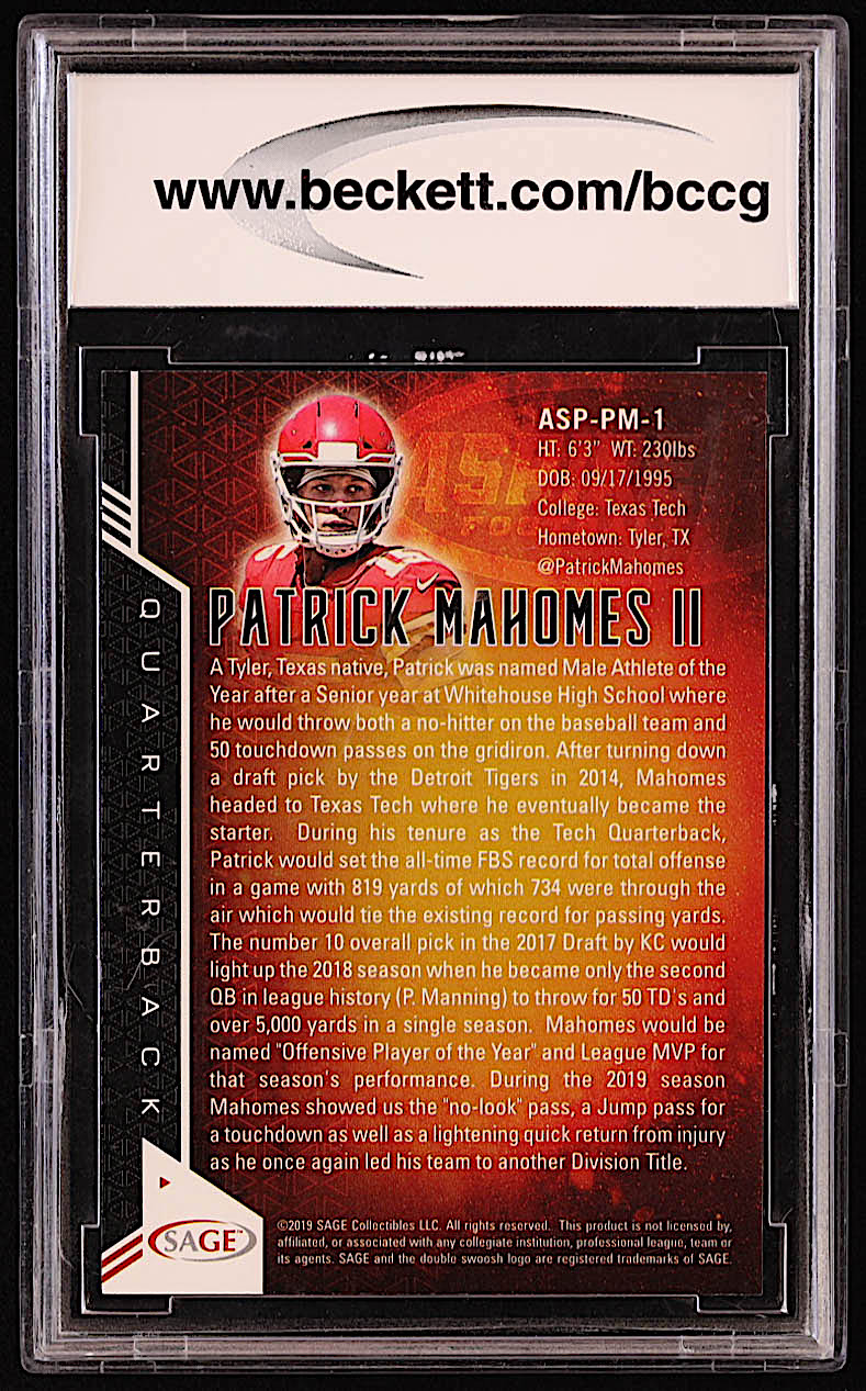 Patrick Mahomes 2019 SAGE Aspire #ASPPM1 (BCCG 10) at PristineAuction.com Patrick Mahomes 2019 SAGE Aspire #ASPPM1 (BCCG 10) at PristineAuction.com