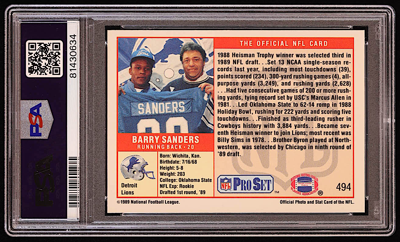 Barry Sanders 1989 Pro Set #494 RC (PSA 9) at PristineAuction.com Barry Sanders 1989 Pro Set #494 RC (PSA 9) at PristineAuction.com