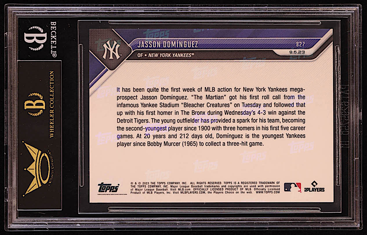 Jasson Dominguez 2023 Topps Now #827 RC (BGS Black Label 10) at PristineAuction.com Jasson Dominguez 2023 Topps Now #827 RC (BGS Black Label 10) at PristineAuction.com
