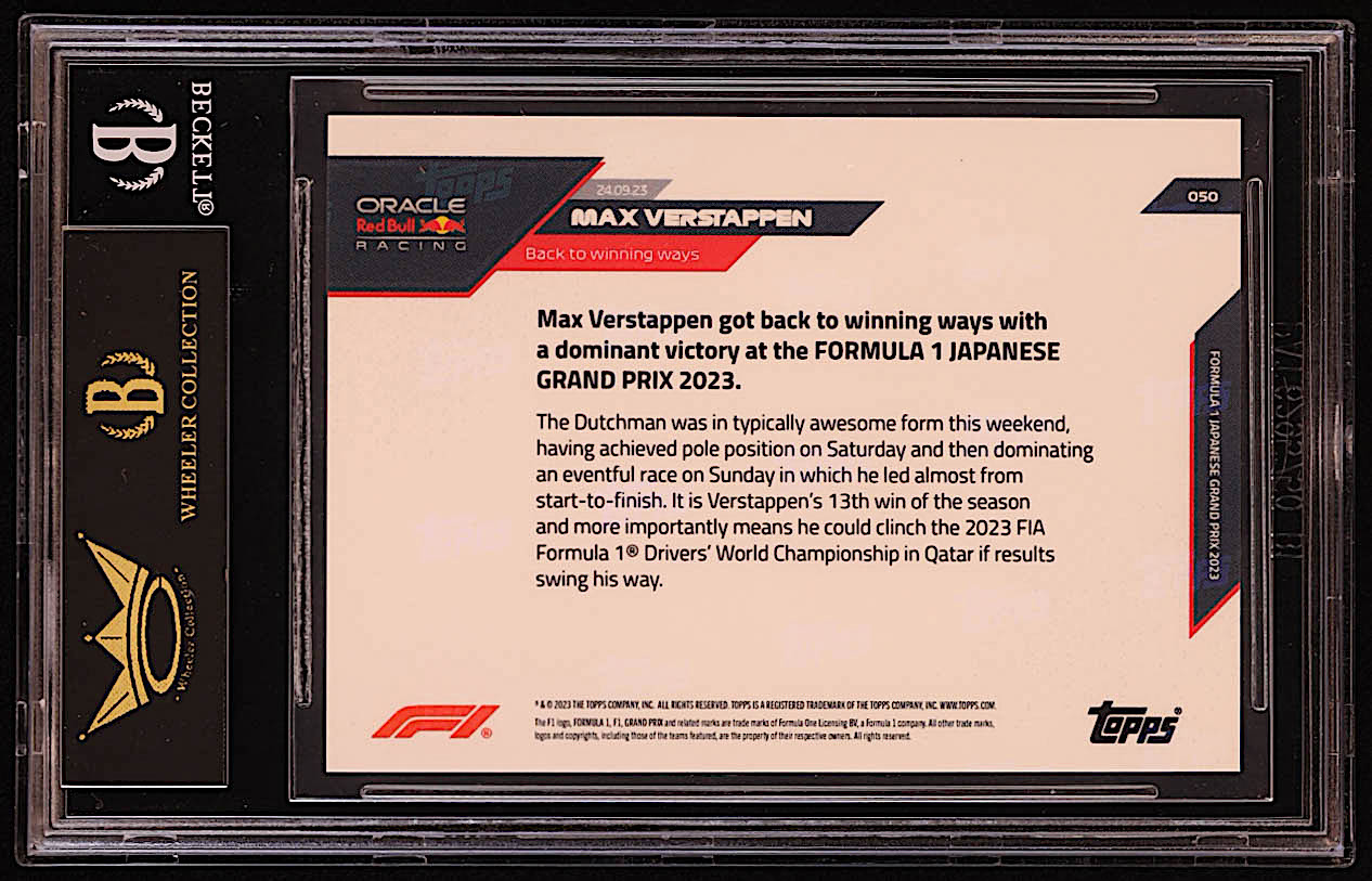 Max Verstappen 2023 Topps Now Formula 1 #50 (BGS Black Label 10) at PristineAuction.com Max Verstappen 2023 Topps Now Formula 1 #50 (BGS Black Label 10) at PristineAuction.com