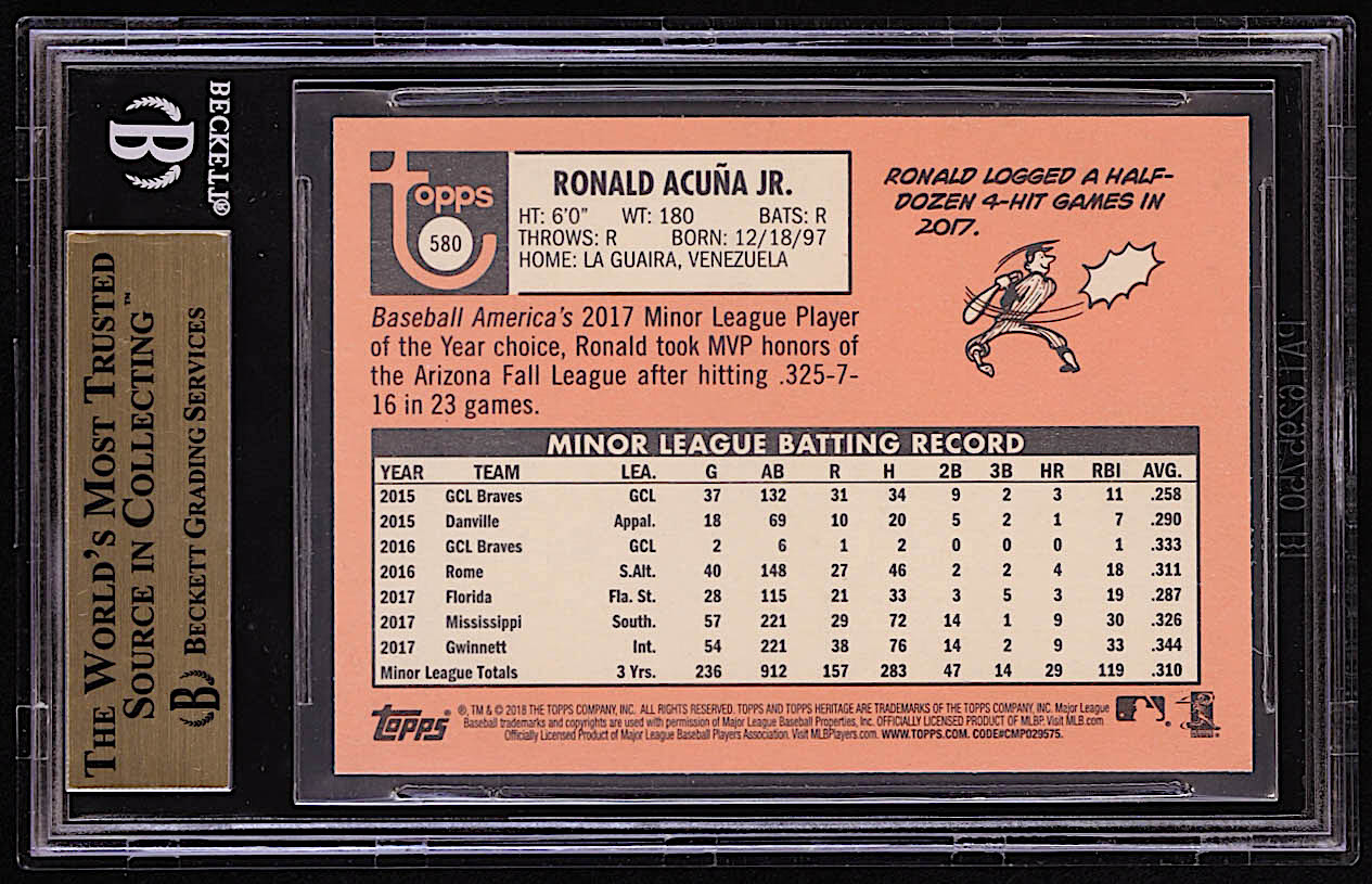 Ronald Acuna Jr. 2018 Topps Heritage #580 RC (BGS 9.5) at PristineAuction.com Ronald Acuna Jr. 2018 Topps Heritage #580 RC (BGS 9.5) at PristineAuction.com