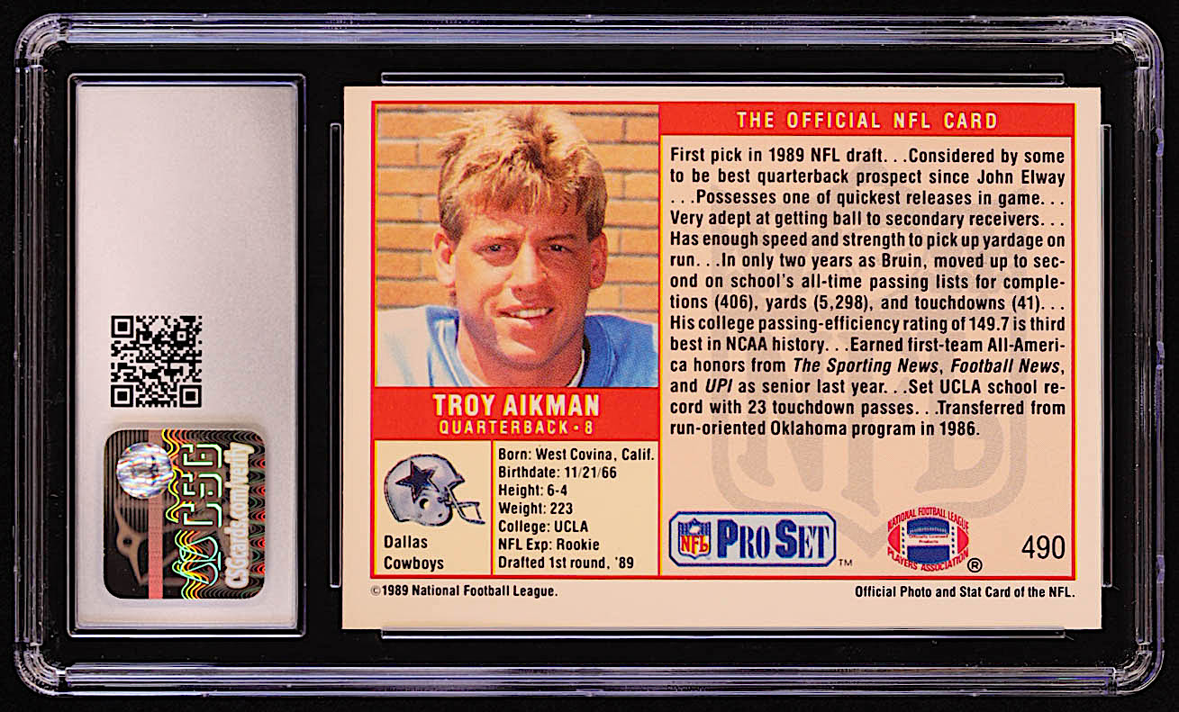 Troy Aikman 1989 Pro Set #490 RC (CSG 9) at PristineAuction.com Troy Aikman 1989 Pro Set #490 RC (CSG 9) at PristineAuction.com