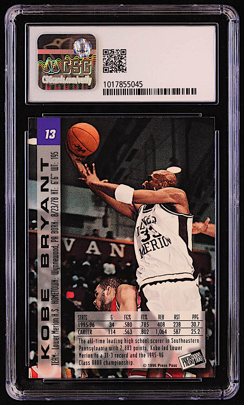 Kobe Bryant 1996 Press Pass #13 RC (CSG 9) at PristineAuction.com Kobe Bryant 1996 Press Pass #13 RC (CSG 9) at PristineAuction.com