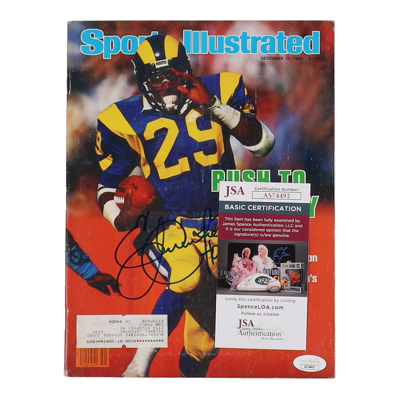 Eric Dickerson Signed 1984 "Sports Illustrated" Magazine Inscribed "HOF 99" (JSA) at PristineAuction.com Eric Dickerson Signed 1984 "Sports Illustrated" Magazine Inscribed "HOF 99" (JSA) at PristineAuction.com