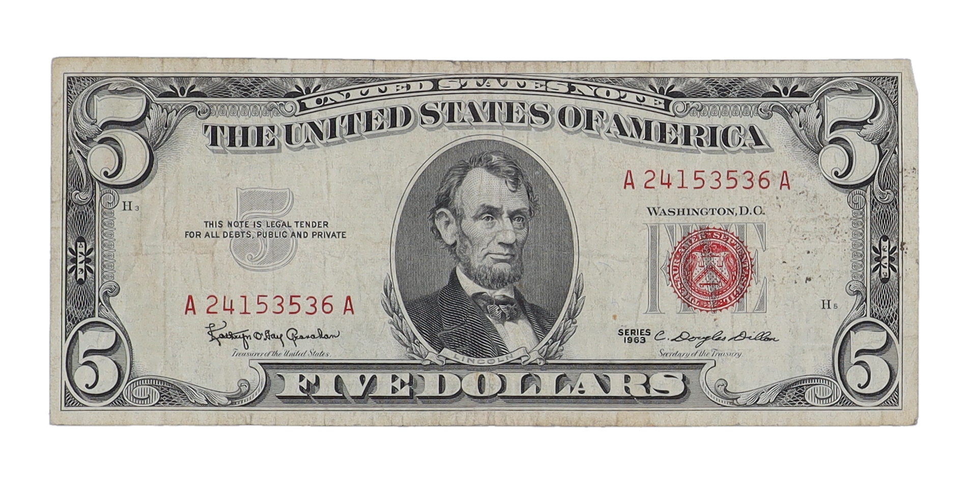 1963 U.S. $5 Legal Tender Note - Red Seal (AA Block) | Pristine Auction