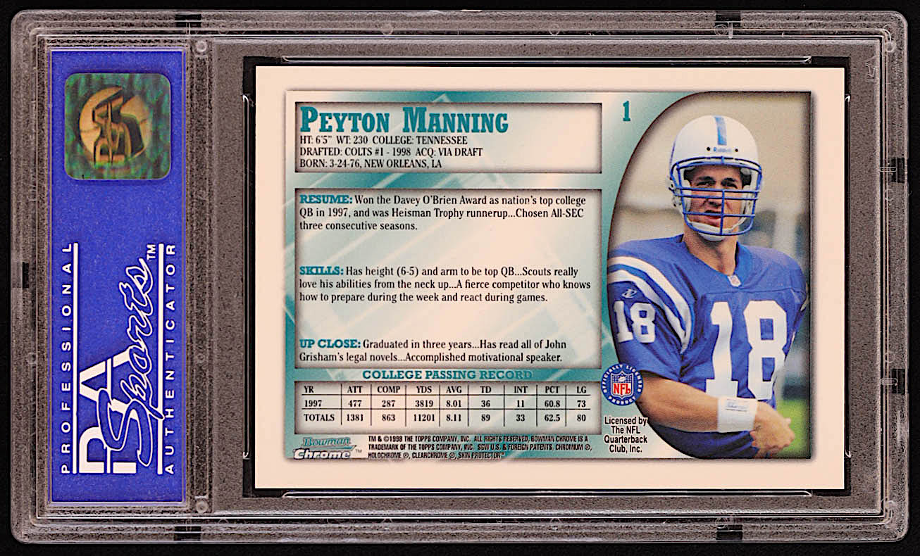 Peyton Manning 1998 Bowman Chrome #1 RC (PSA 9) at PristineAuction.com Peyton Manning 1998 Bowman Chrome #1 RC (PSA 9) at PristineAuction.com