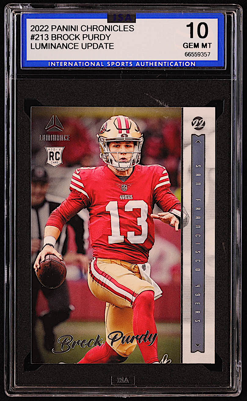 Brock Purdy 2022 Panini Chronicles Luminance Update Vertical Rookies #213 RC (ISA 10) at PristineAuction.com Brock Purdy 2022 Panini Chronicles Luminance Update Vertical Rookies #213 RC (ISA 10) at PristineAuction.com