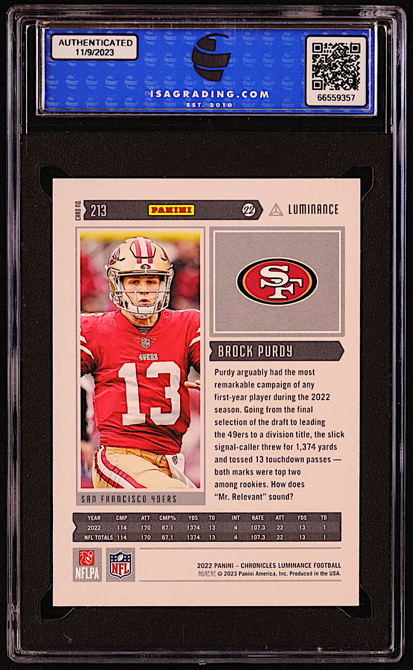 Brock Purdy 2022 Panini Chronicles Luminance Update Vertical Rookies #213 RC (ISA 10) at PristineAuction.com Brock Purdy 2022 Panini Chronicles Luminance Update Vertical Rookies #213 RC (ISA 10) at PristineAuction.com
