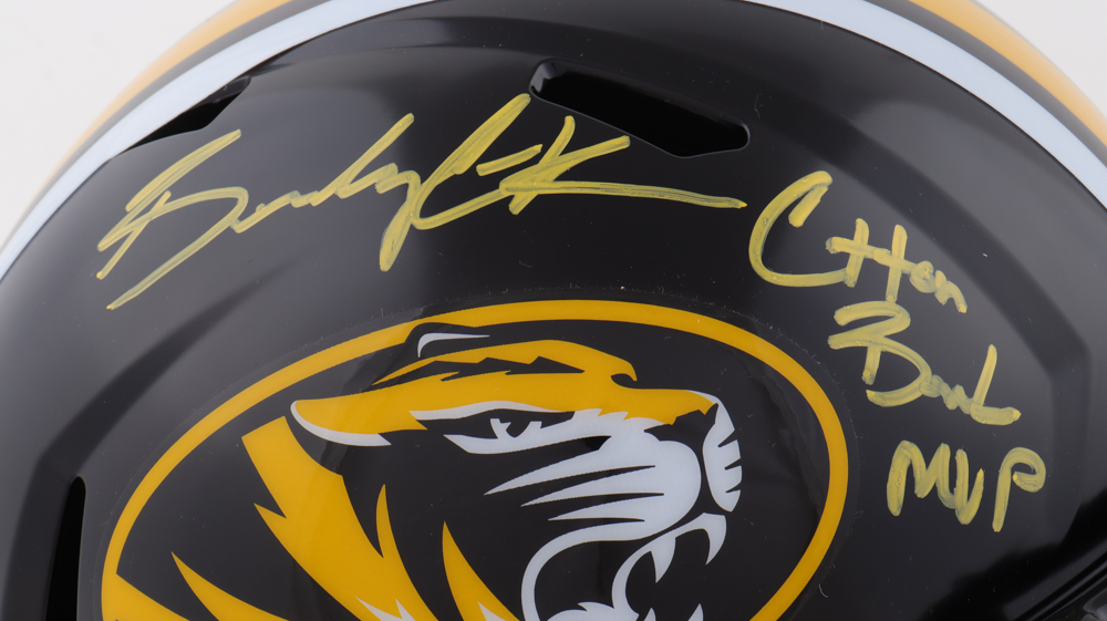 Brady Cook Signed Missouri Tigers Full-Size Speed Helmet Inscribed "Cotton Bowl MVP" (Beckett) at PristineAuction.com Brady Cook Signed Missouri Tigers Full-Size Speed Helmet Inscribed "Cotton Bowl MVP" (Beckett) at PristineAuction.com