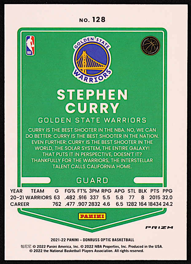 Stephen Curry 2021-22 Donruss Optic Holo #128 at PristineAuction.com Stephen Curry 2021-22 Donruss Optic Holo #128 at PristineAuction.com