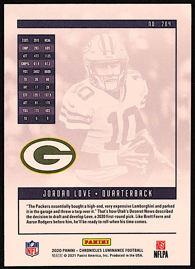 Jordan Love 2020 Panini Luminance #204 RC / CHRONICLES at PristineAuction.com Jordan Love 2020 Panini Luminance #204 RC / CHRONICLES at PristineAuction.com