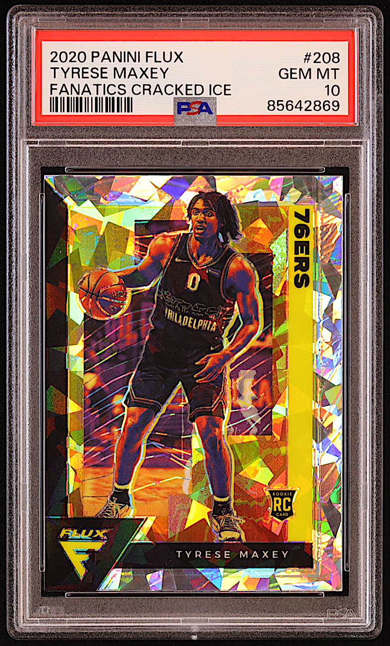 Tyrese Maxey 2020-21 Panini Flux Fanatics Factory Cracked Ice #208 RC (PSA 10) at PristineAuction.com Tyrese Maxey 2020-21 Panini Flux Fanatics Factory Cracked Ice #208 RC (PSA 10) at PristineAuction.com