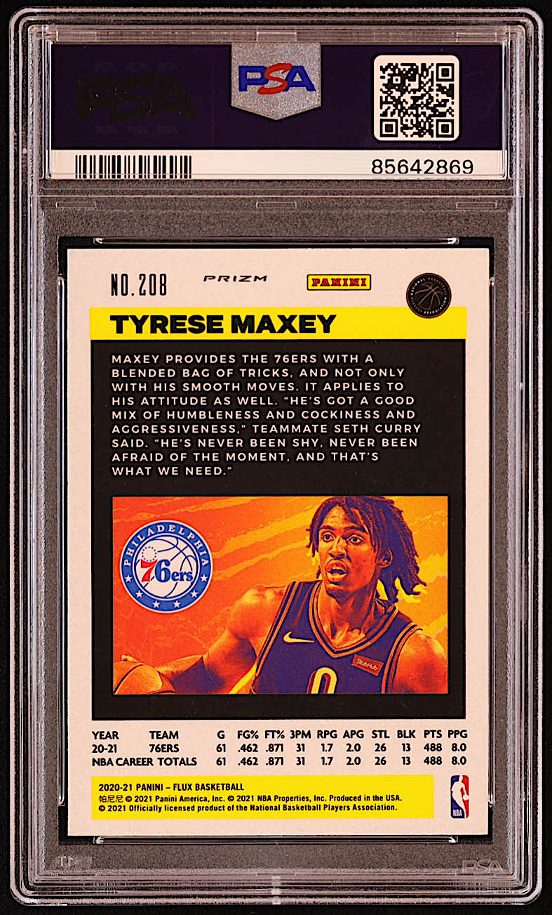 Tyrese Maxey 2020-21 Panini Flux Fanatics Factory Cracked Ice #208 RC (PSA 10) at PristineAuction.com Tyrese Maxey 2020-21 Panini Flux Fanatics Factory Cracked Ice #208 RC (PSA 10) at PristineAuction.com