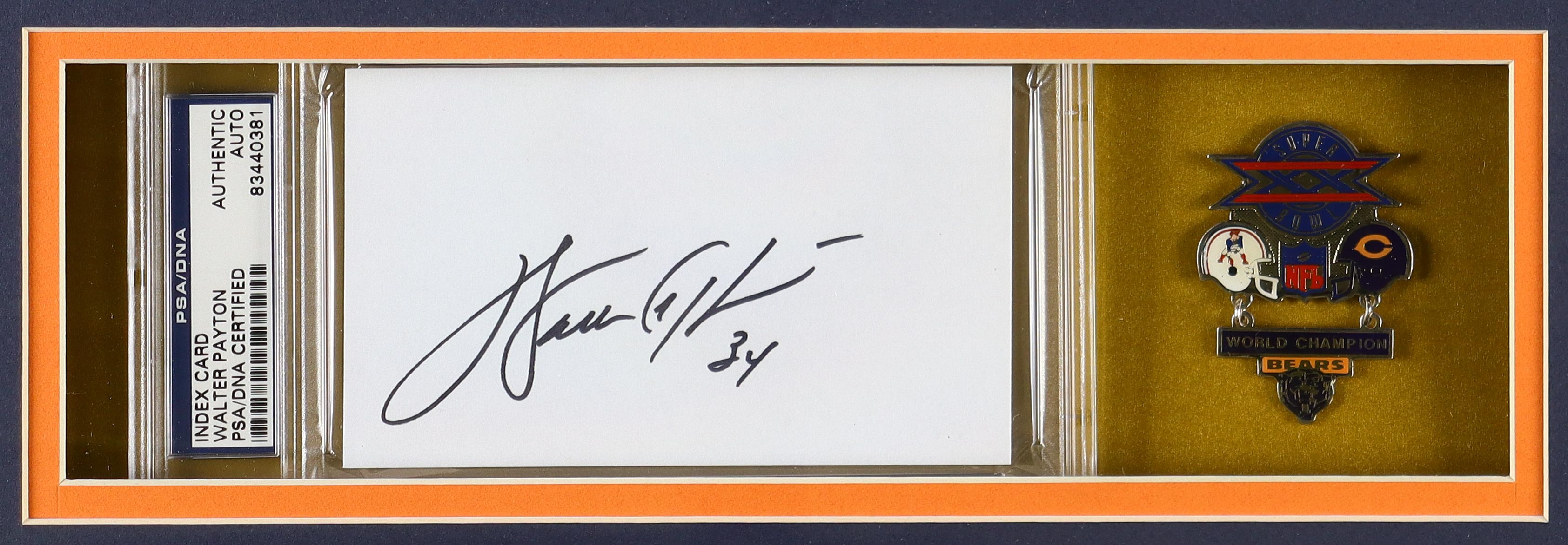 Walter Payton Signed Bears Custom Framed Cut Display with Jersey & Super Bowl XX Pin (PSA) at PristineAuction.com Walter Payton Signed Bears Custom Framed Cut Display with Jersey & Super Bowl XX Pin (PSA) at PristineAuction.com
