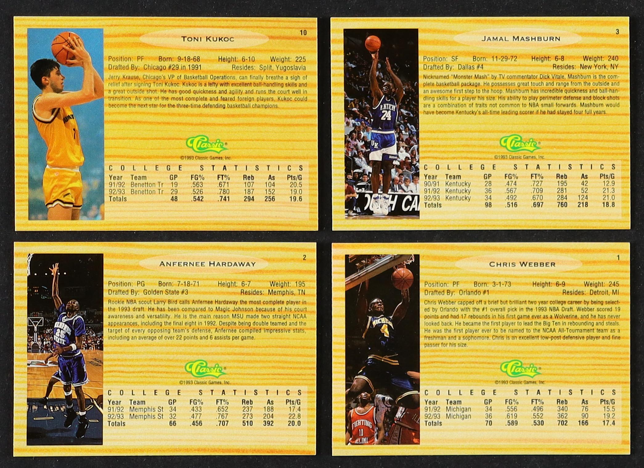 1993 Classic Basketball Complete Set of (110) Cards with Chris Webber #1, Anfernee Hardaway #2, Jamal Mashburn #3, Toni Kukoc #10 at PristineAuction.com 1993 Classic Basketball Complete Set of (110) Cards with Chris Webber #1, Anfernee Hardaway #2, Jamal Mashburn #3, Toni Kukoc #10 at PristineAuction.com
