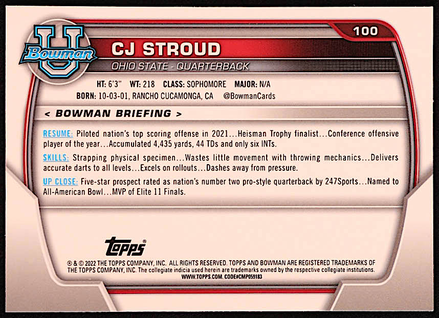CJ Stroud 2022 Bowman Chrome University #100 RC at PristineAuction.com CJ Stroud 2022 Bowman Chrome University #100 RC at PristineAuction.com