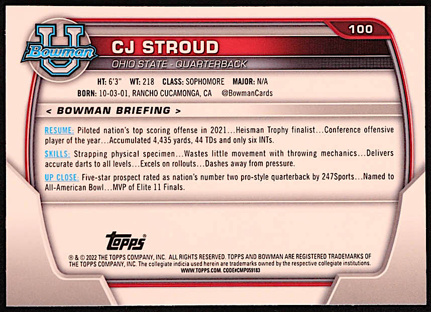 CJ Stroud 2022 Bowman Chrome University #100 RC at PristineAuction.com CJ Stroud 2022 Bowman Chrome University #100 RC at PristineAuction.com