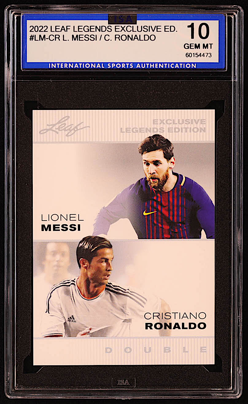 Lionel Messi / Cristiano Ronaldo 2022 Leaf Exclusive Legends Edition #LMCR (ISA 10) at PristineAuction.com Lionel Messi / Cristiano Ronaldo 2022 Leaf Exclusive Legends Edition #LMCR (ISA 10) at PristineAuction.com