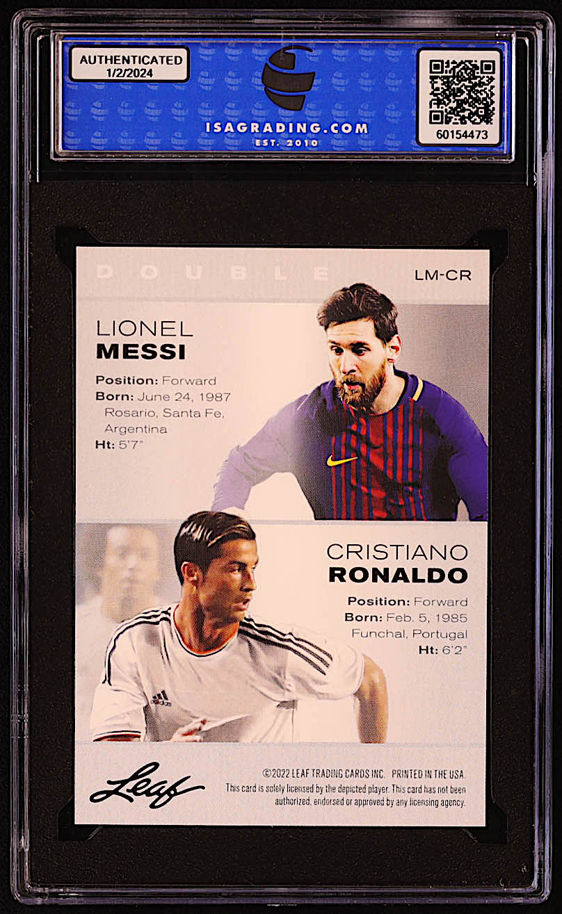 Lionel Messi / Cristiano Ronaldo 2022 Leaf Exclusive Legends Edition #LMCR (ISA 10) at PristineAuction.com Lionel Messi / Cristiano Ronaldo 2022 Leaf Exclusive Legends Edition #LMCR (ISA 10) at PristineAuction.com