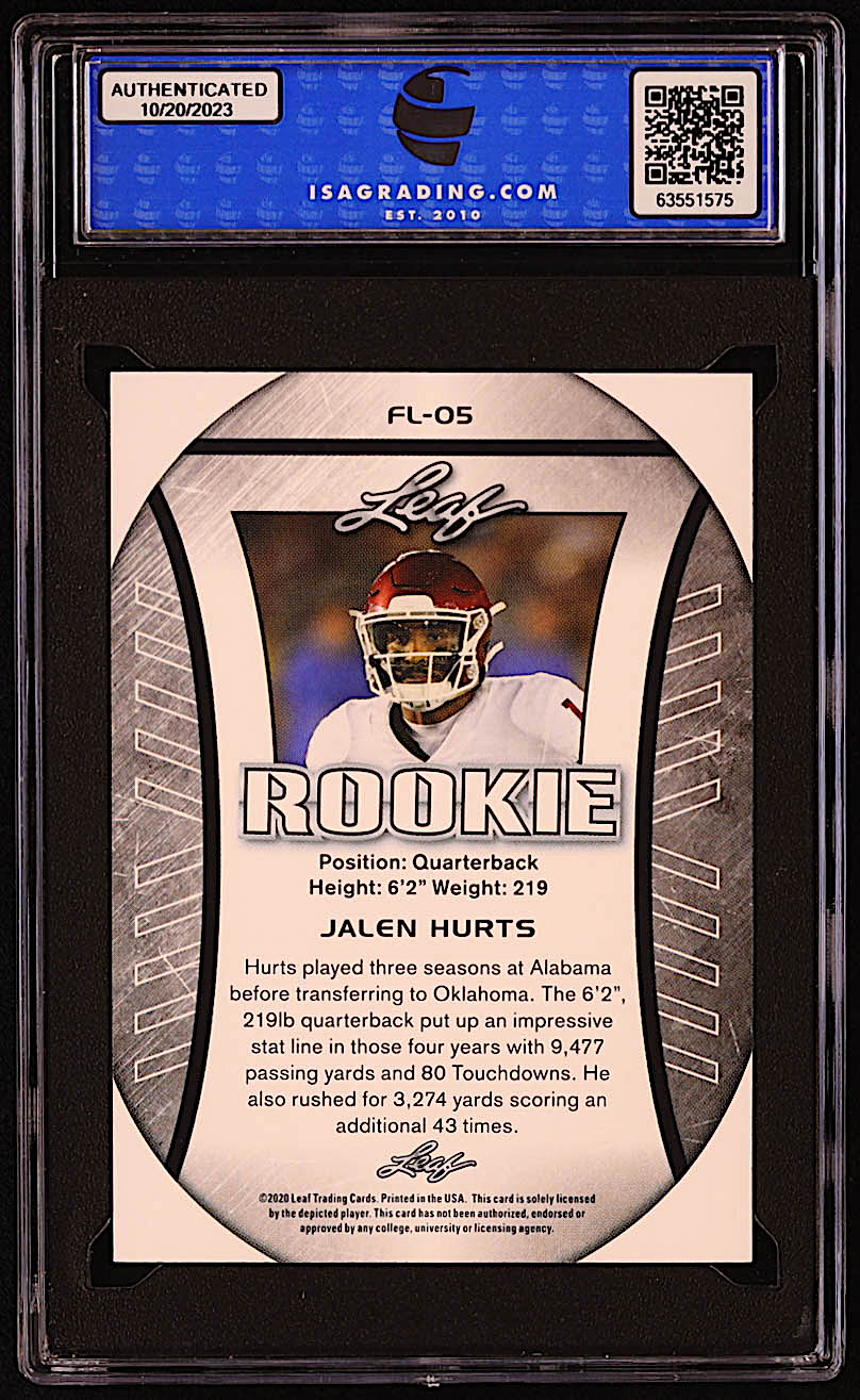 Jalen Hurts 2020 Leaf Special Release Rookie Exclusive Flag #FL05 RC (ISA 10) at PristineAuction.com Jalen Hurts 2020 Leaf Special Release Rookie Exclusive Flag #FL05 RC (ISA 10) at PristineAuction.com
