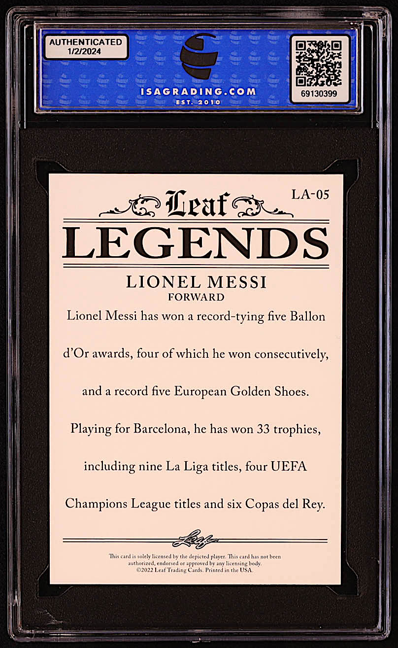 Lionel Messi 2022 Leaf Legends Achievement #LA05 (ISA 10) at PristineAuction.com Lionel Messi 2022 Leaf Legends Achievement #LA05 (ISA 10) at PristineAuction.com
