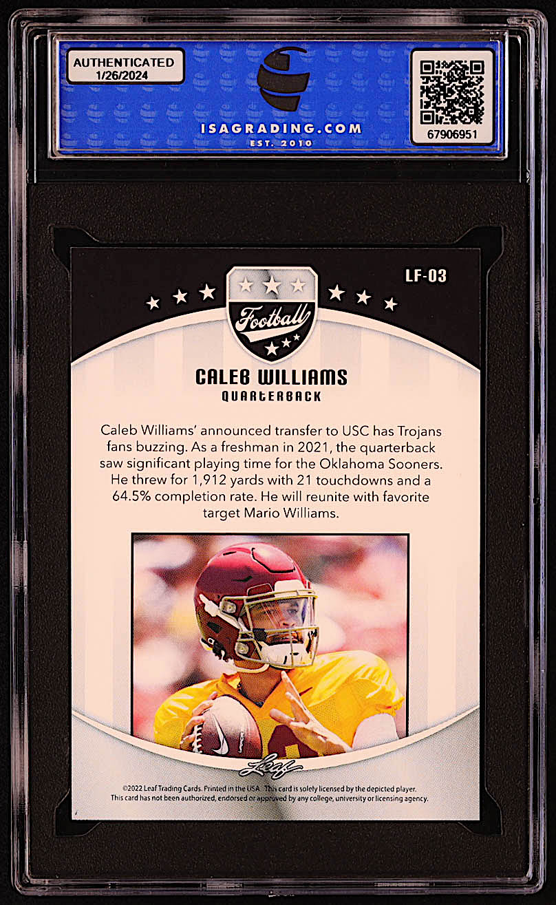 Caleb Williams 2022 Leaf Football #LF03 RC (ISA 10) at PristineAuction.com Caleb Williams 2022 Leaf Football #LF03 RC (ISA 10) at PristineAuction.com