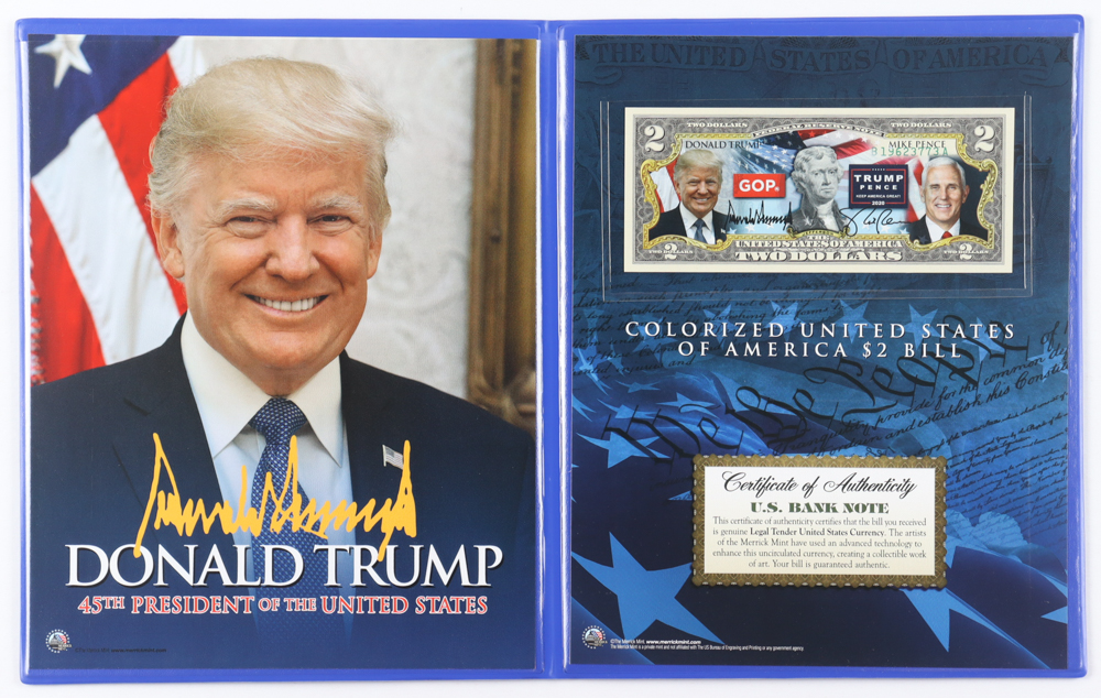 Donald Trump Genuine Legal Tender Colorized U.S. $2.00 Two Dollar Bill Commemorative Edition Bank Note with Folder at PristineAuction.com Donald Trump Genuine Legal Tender Colorized U.S. $2.00 Two Dollar Bill Commemorative Edition Bank Note with Folder at PristineAuction.com