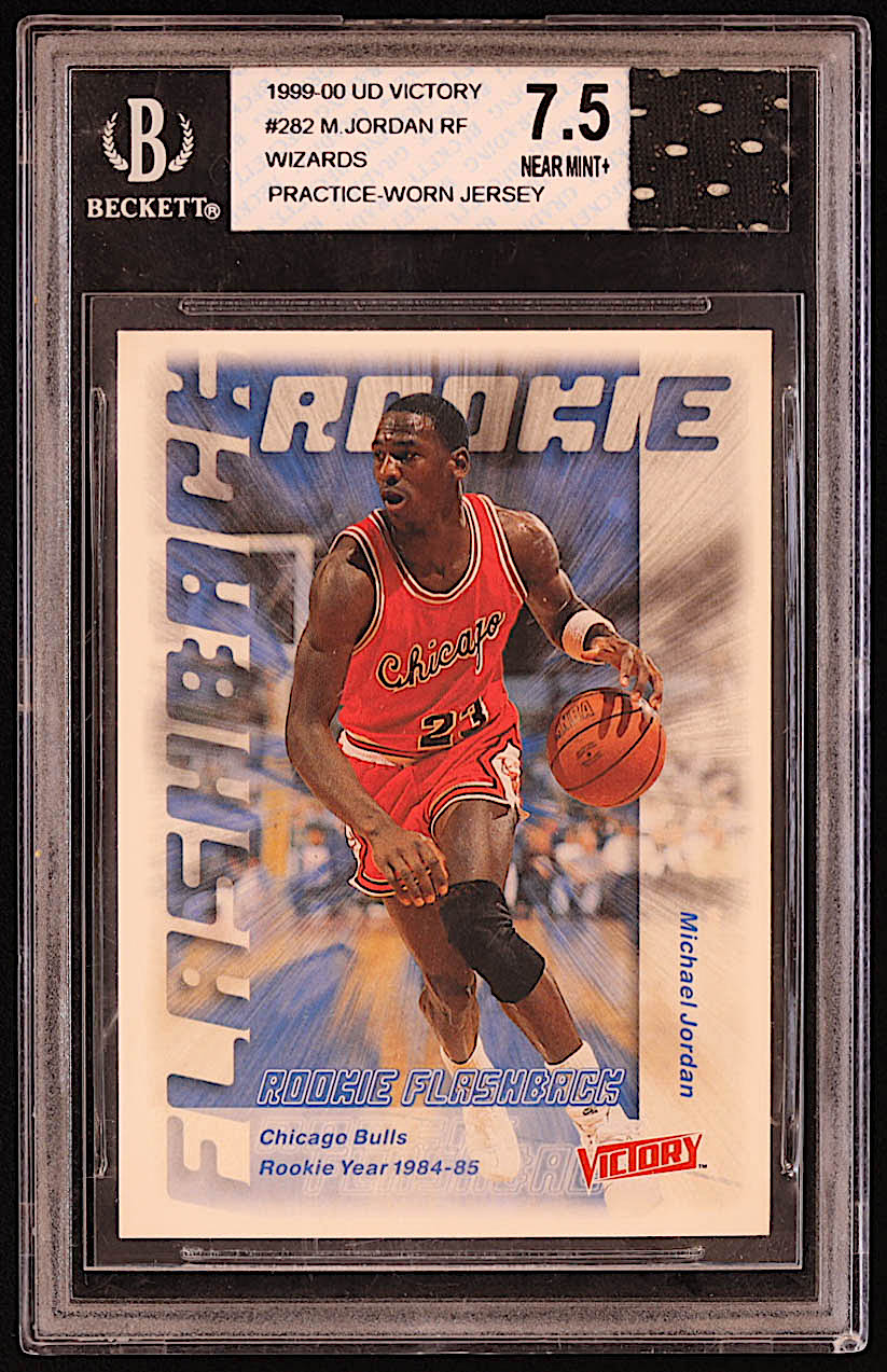 Michael Jordan 1999-00 Upper Deck Victory #282 RF with Wizards Practice-Worn Jersey (BGS 7.5) at PristineAuction.com Michael Jordan 1999-00 Upper Deck Victory #282 RF with Wizards Practice-Worn Jersey (BGS 7.5) at PristineAuction.com