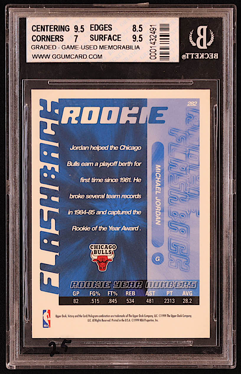 Michael Jordan 1999-00 Upper Deck Victory #282 RF with Wizards Practice-Worn Jersey (BGS 7.5) at PristineAuction.com Michael Jordan 1999-00 Upper Deck Victory #282 RF with Wizards Practice-Worn Jersey (BGS 7.5) at PristineAuction.com