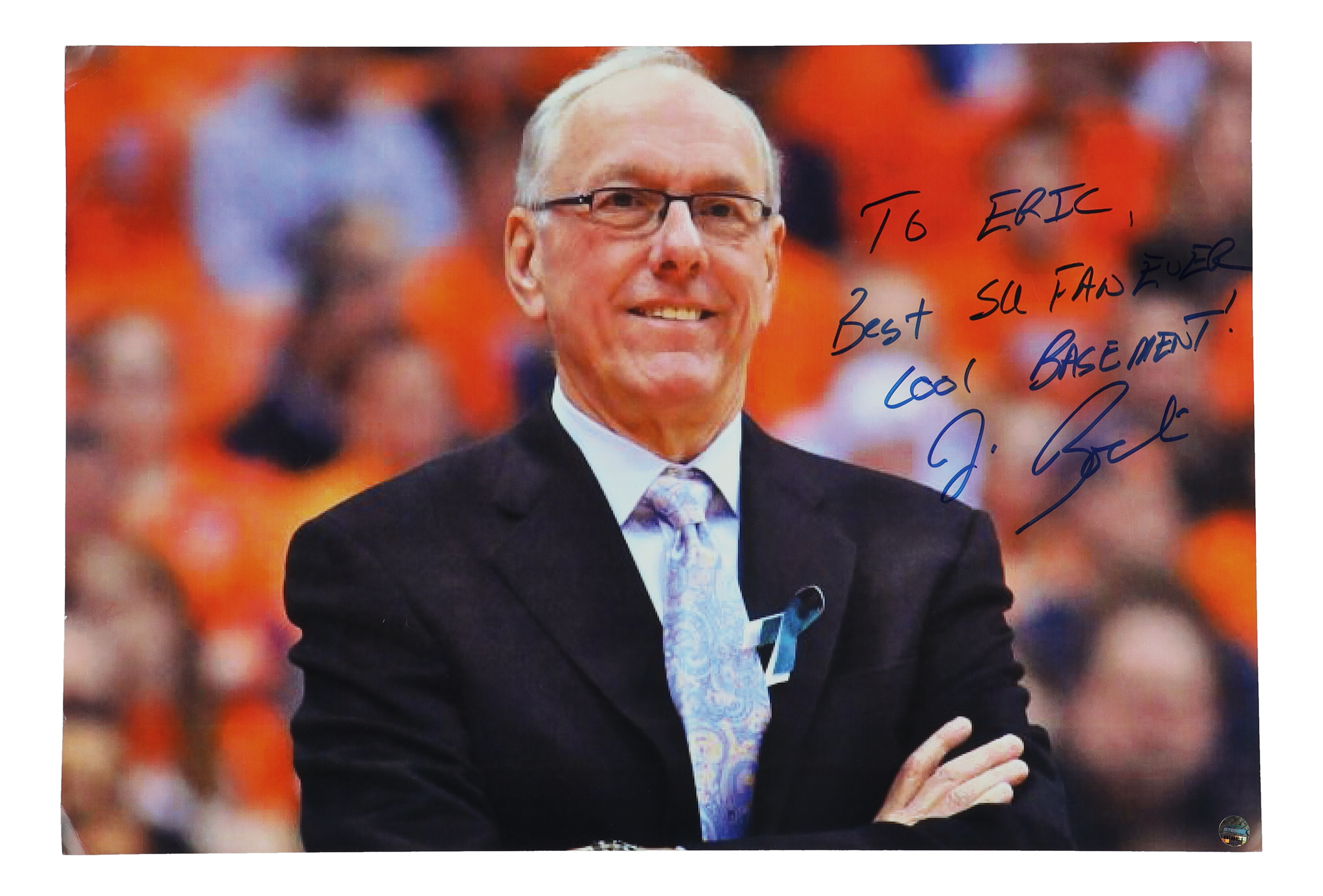 Jim Boeheim Signed 16x11 Photo Inscribed "Best SU Fan Ever , Cool Basement!" (Steiner) at PristineAuction.com Jim Boeheim Signed 16x11 Photo Inscribed "Best SU Fan Ever , Cool Basement!" (Steiner) at PristineAuction.com