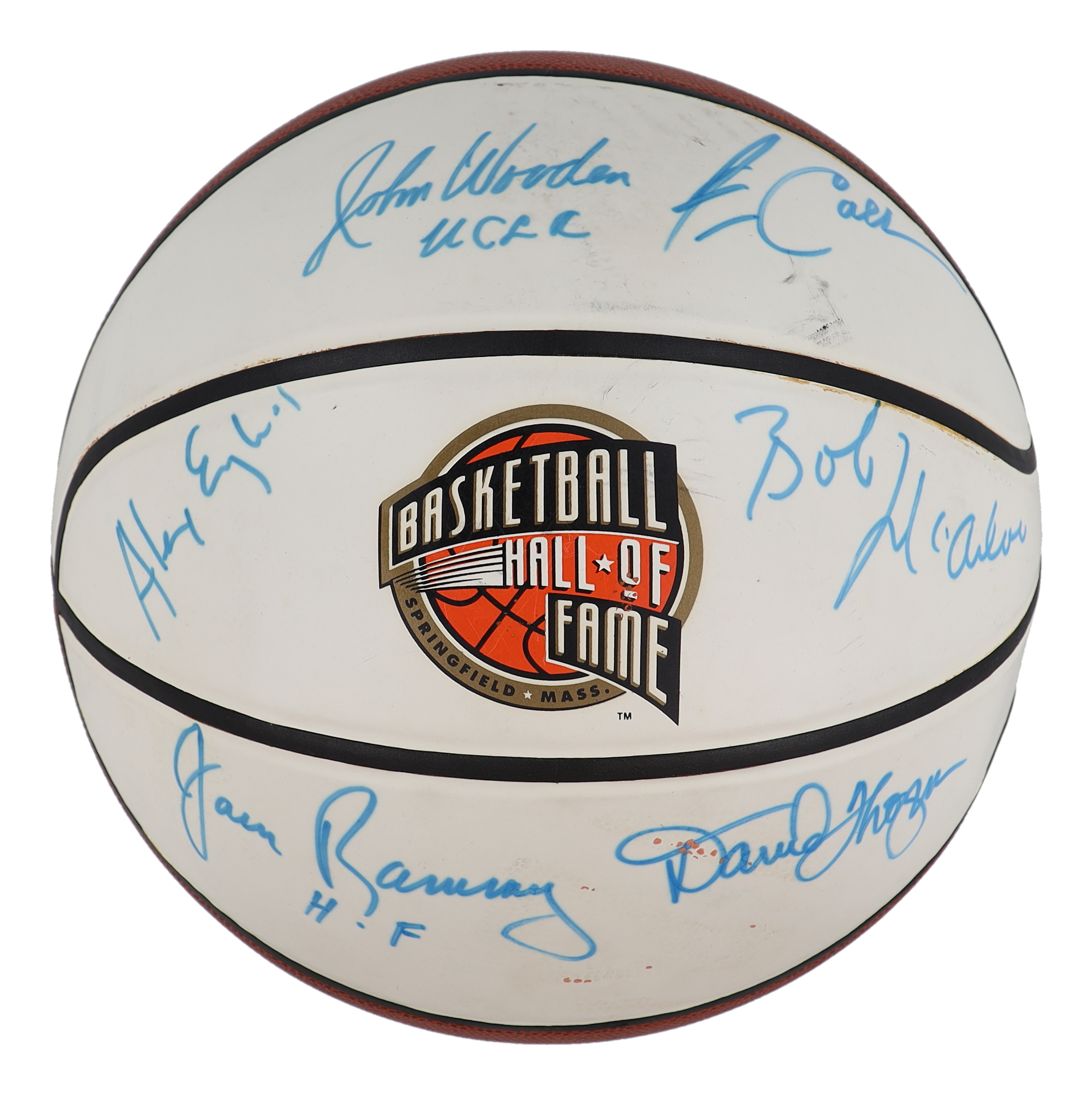 National Basketball Hall of Famer's Logo Basketball Signed by (6) With John Wooden, Bob Mcadoo, Alex English, Jack Ramsay (PSA) at PristineAuction.com National Basketball Hall of Famer's Logo Basketball Signed by (6) With John Wooden, Bob Mcadoo, Alex English, Jack Ramsay (PSA) at PristineAuction.com