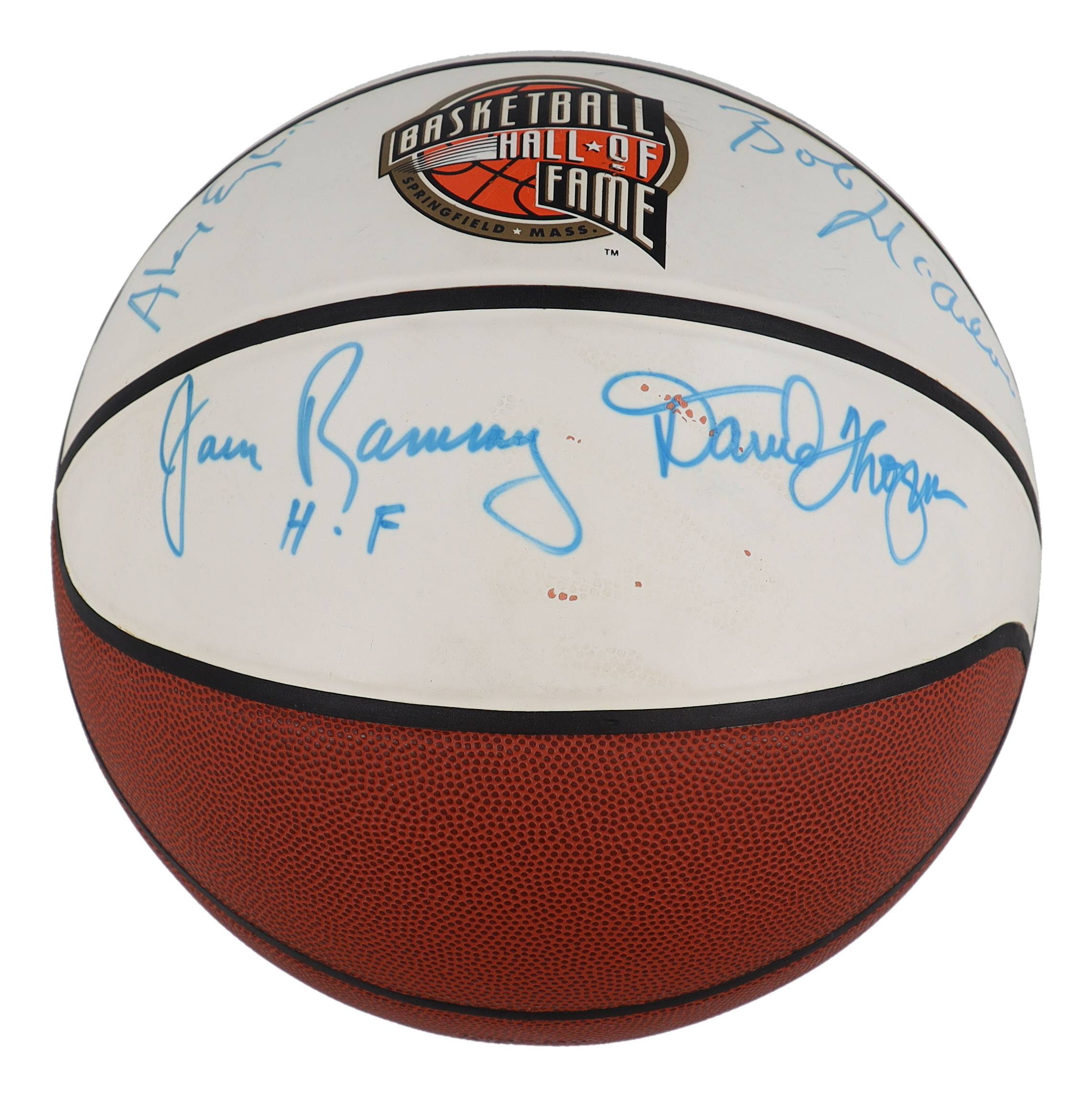 National Basketball Hall of Famer's Logo Basketball Signed by (6) With John Wooden, Bob Mcadoo, Alex English, Jack Ramsay (PSA) at PristineAuction.com National Basketball Hall of Famer's Logo Basketball Signed by (6) With John Wooden, Bob Mcadoo, Alex English, Jack Ramsay (PSA) at PristineAuction.com