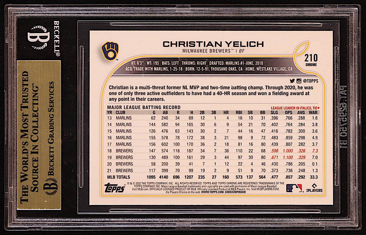 Christian Yelich 2022 Topps Chrome Sonic Black and White RayWave Refractors #210 (BGS 9.5) at PristineAuction.com Christian Yelich 2022 Topps Chrome Sonic Black and White RayWave Refractors #210 (BGS 9.5) at PristineAuction.com